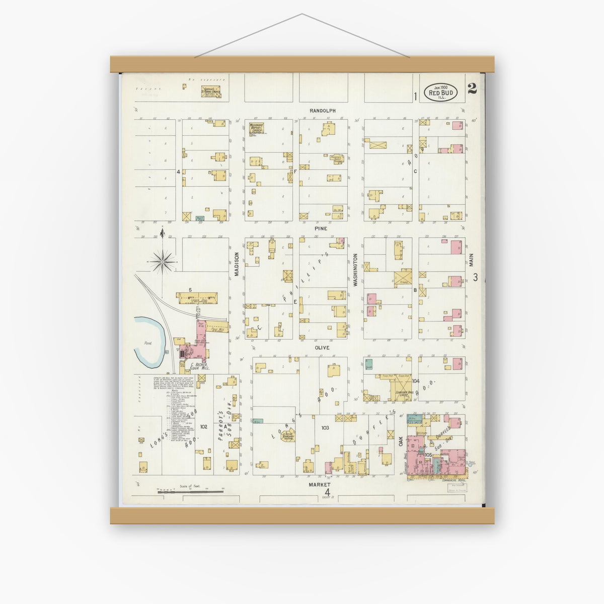 Old map wall art mockup — magnetic wood frame on white wall — Sanborn Fire Insurance Map from Red Bud, Randolph County, Illinois (1900), Sheet #0002