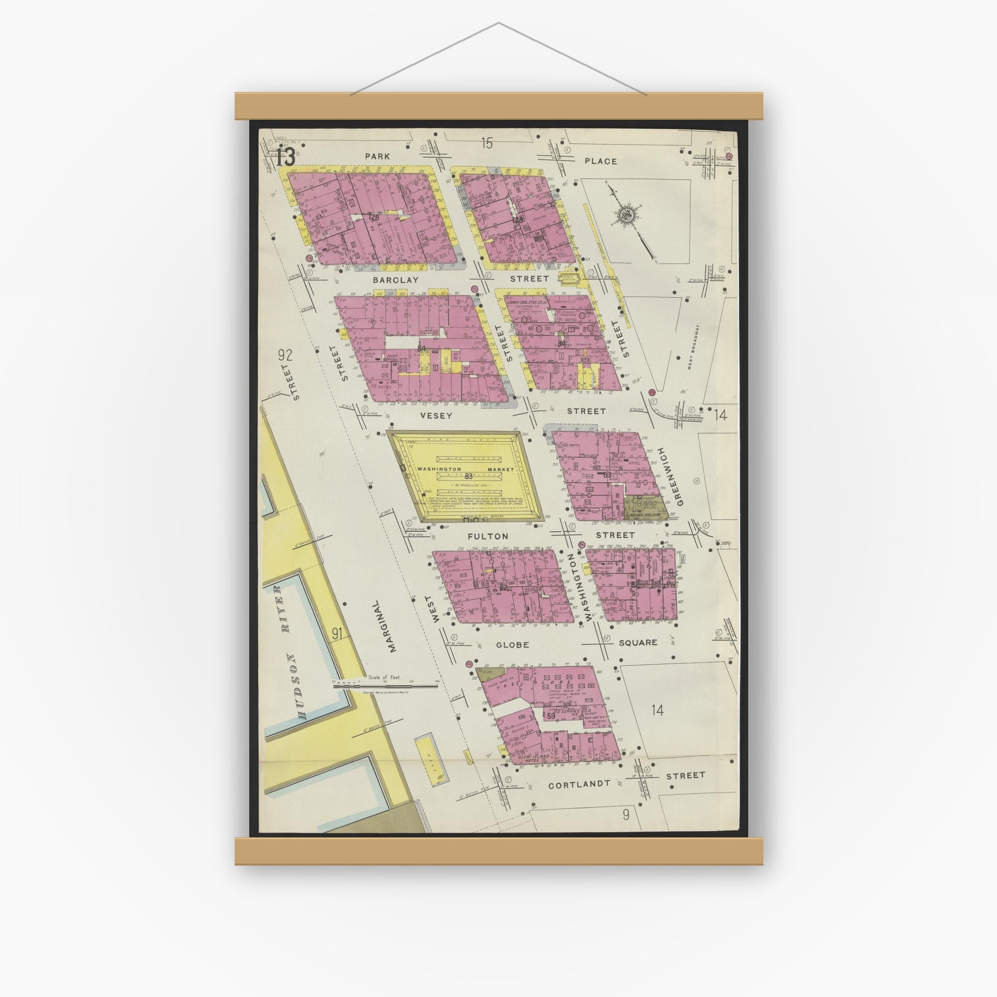Old map wall art mockup — magnetic wood frame on white wall — Sanborn Fire Insurance Map from New York, Bronx, Manhattan, New York (1923), Sheet #0013