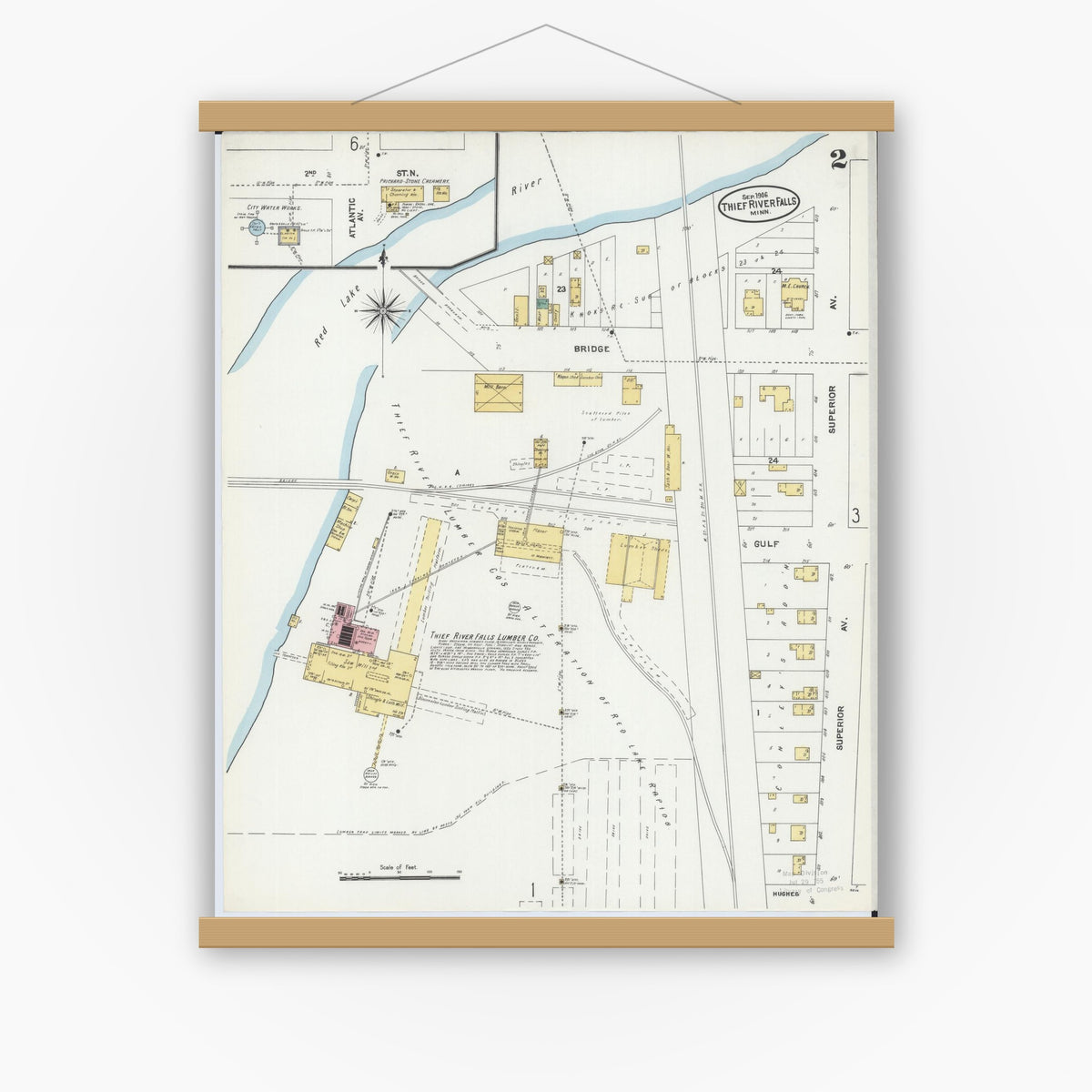 Old map wall art mockup — magnetic wood frame on white wall — Sanborn Fire Insurance Map from Thief River Falls, Pennington County, Minnesota (1906), Sheet #0002