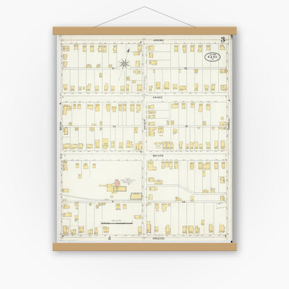 Old map wall art mockup — magnetic wood frame on white wall — Sanborn Fire Insurance Map from Kane, McKean County, Pennsylvania (1898), Sheet #0003