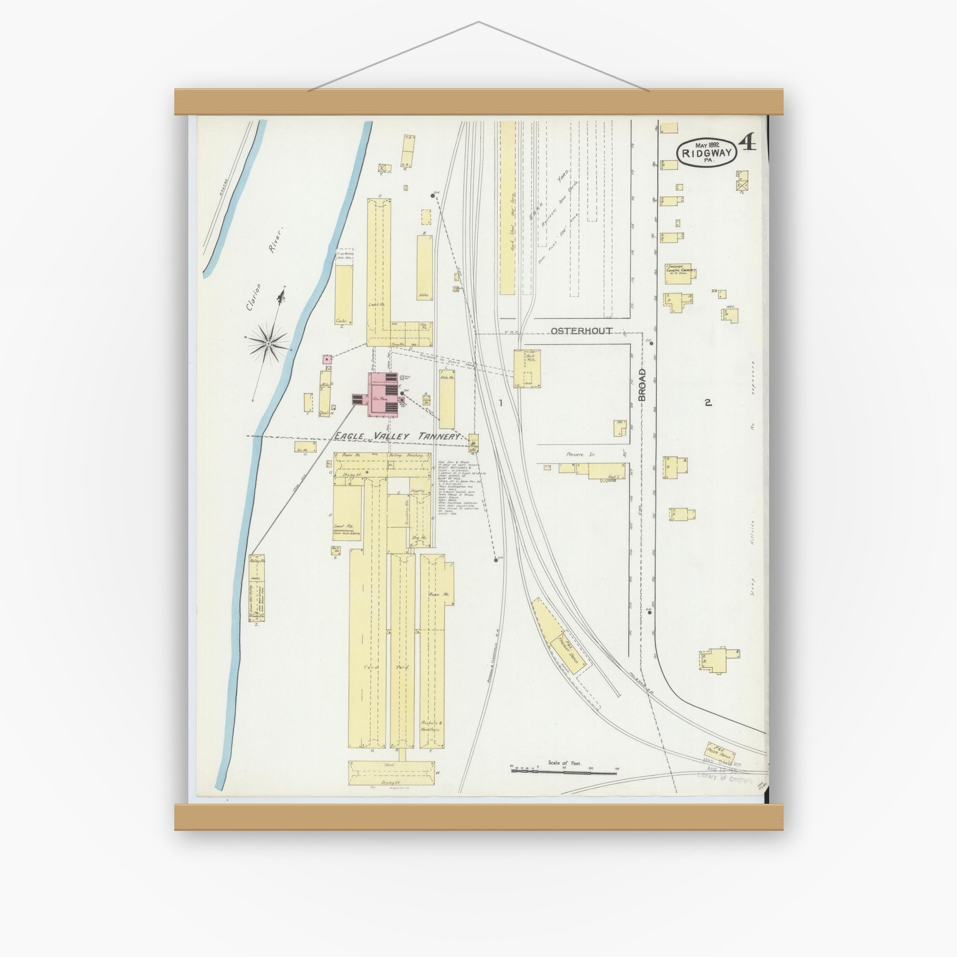 Old map wall art mockup — magnetic wood frame on white wall — Sanborn Fire Insurance Map from Ridgway, Elk County, Pennsylvania (1892), Sheet #0004