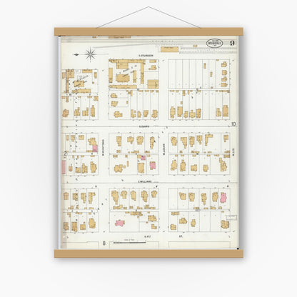Old map wall art mockup — magnetic wood frame on white wall — Sanborn Fire Insurance Map from Moberly, Randolph County, Missouri (1899), Sheet #0009