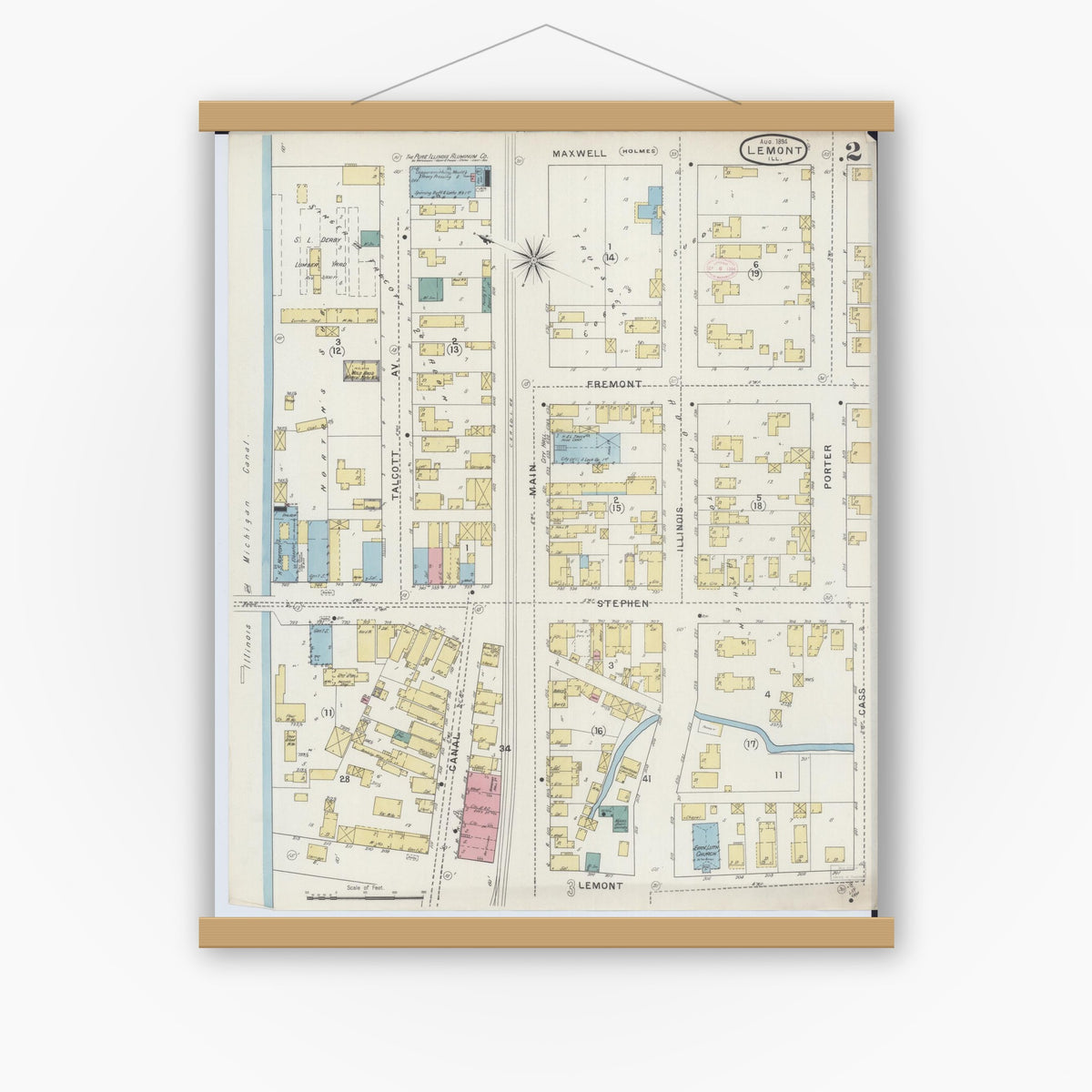 Old map wall art mockup — magnetic wood frame on white wall — Sanborn Fire Insurance Map from Lemont, Cook County, Illinois (1894), Sheet #0002