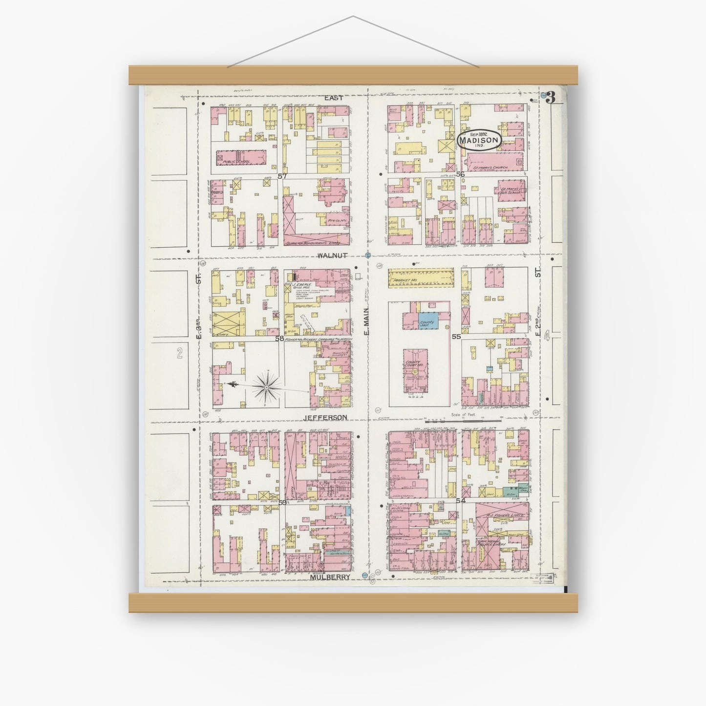 Old map wall art mockup — magnetic wood frame on white wall — Sanborn Fire Insurance Map from Madison, Jefferson County, Indiana (1892), Sheet #0003