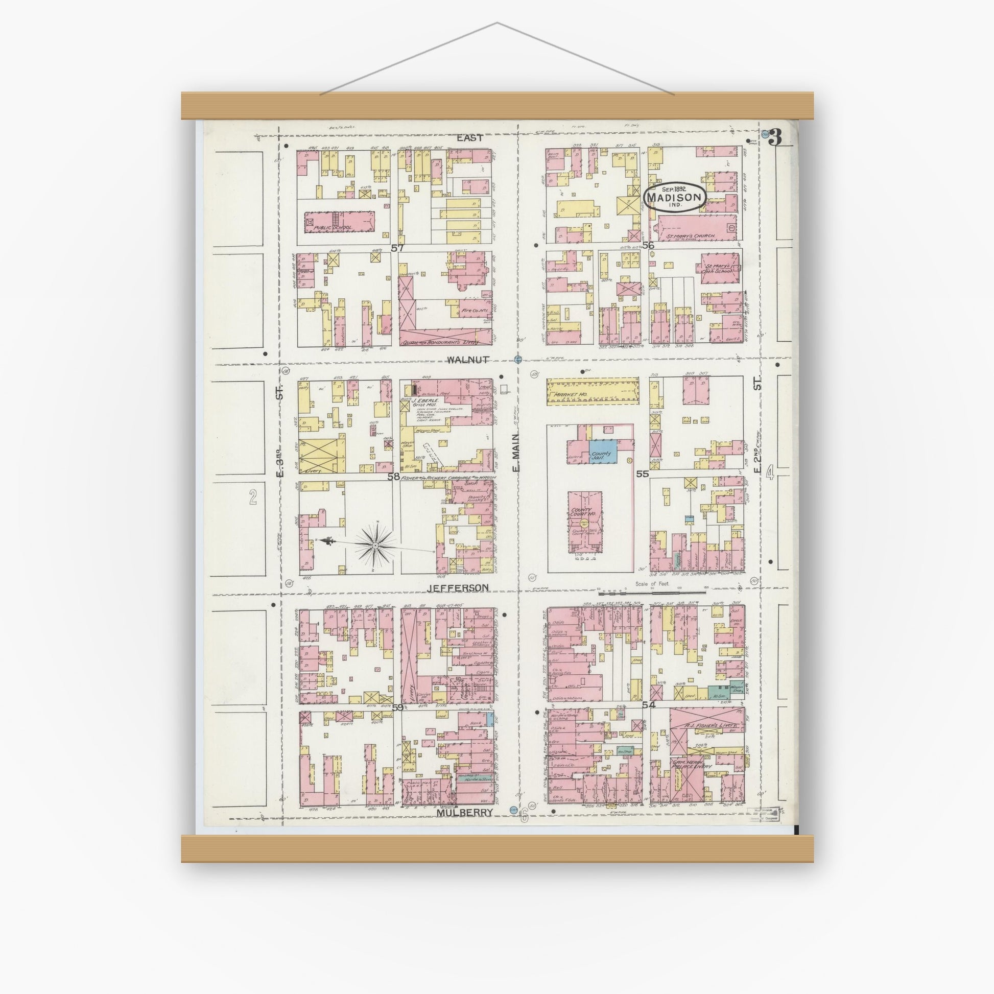 Old map wall art mockup — magnetic wood frame on white wall — Sanborn Fire Insurance Map from Madison, Jefferson County, Indiana (1892), Sheet #0003
