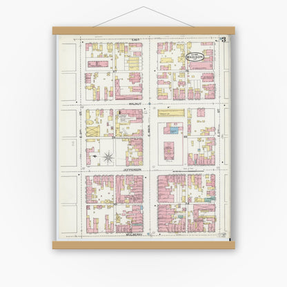 Old map wall art mockup — magnetic wood frame on white wall — Sanborn Fire Insurance Map from Madison, Jefferson County, Indiana (1892), Sheet #0003