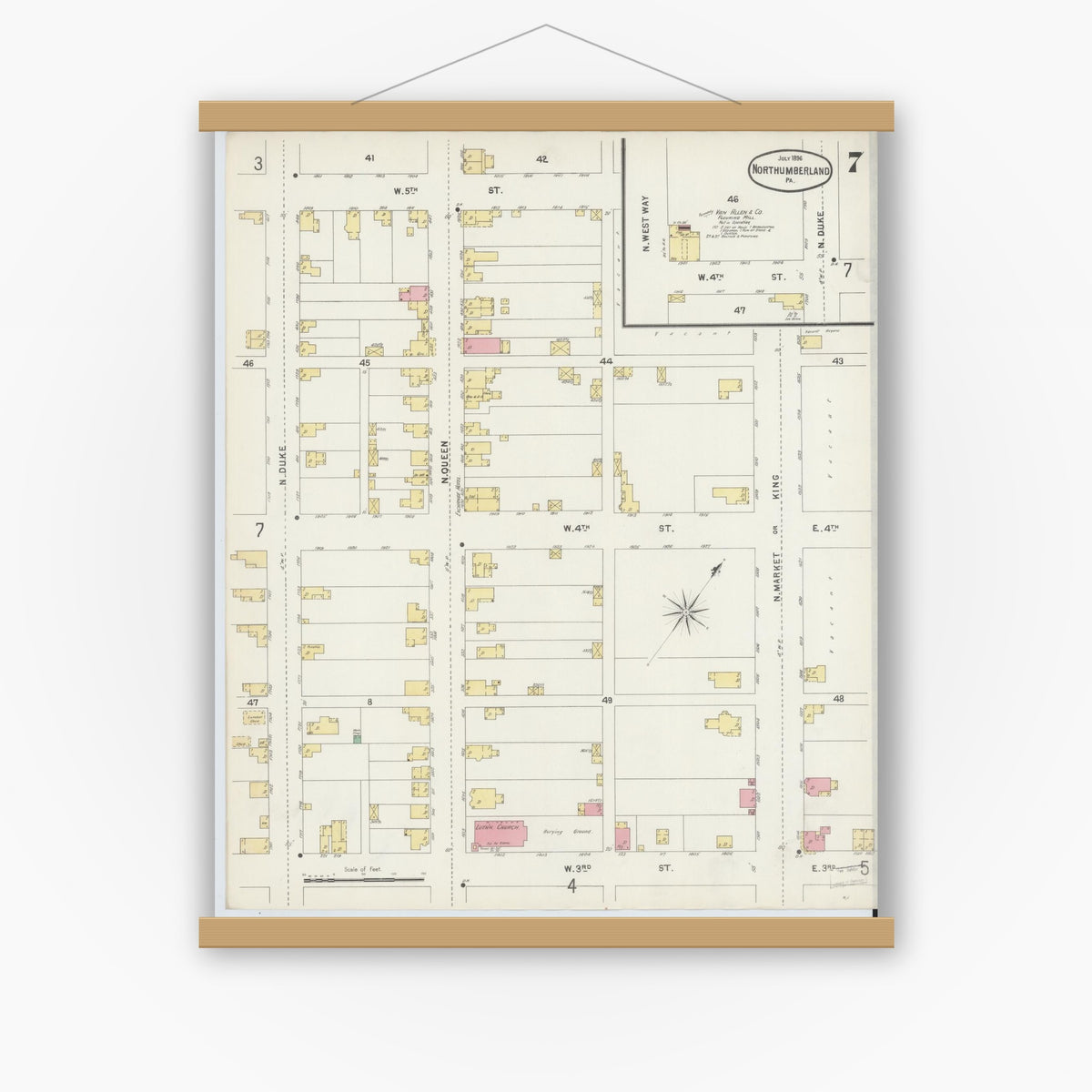 Old map wall art mockup — magnetic wood frame on white wall — Sanborn Fire Insurance Map from Northumberland, Northumberland County, Pennsylvania (1896), Sheet #0007