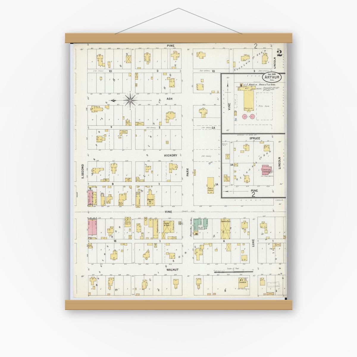 Old map wall art mockup — magnetic wood frame on white wall — Sanborn Fire Insurance Map from Arthur, Moultrie And Douglas Counties, Illinois (1899), Sheet #0002