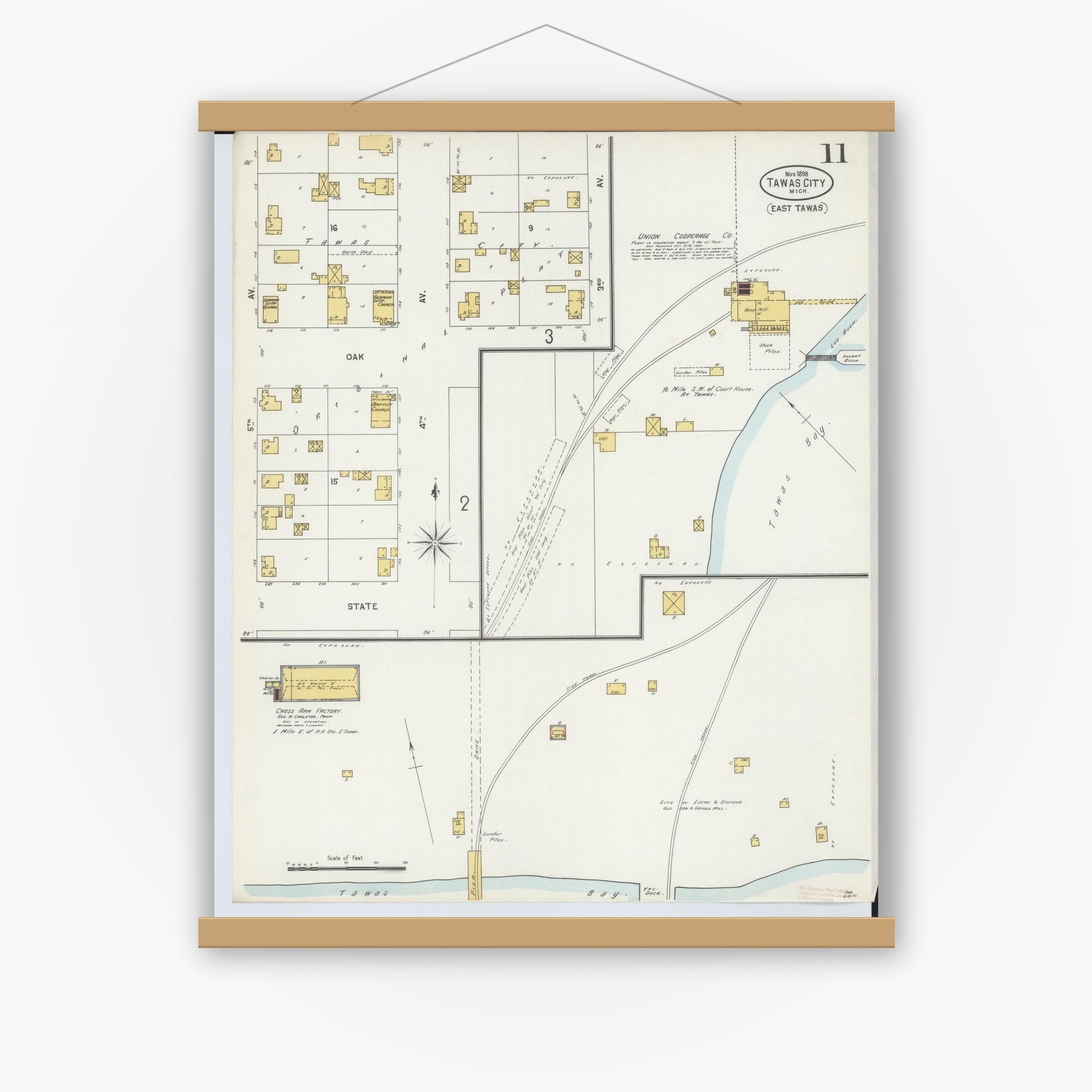 Old map wall art mockup — magnetic wood frame on white wall — Sanborn Fire Insurance Map from Tawas City, Iosco County, Michigan (1898), Sheet #0011