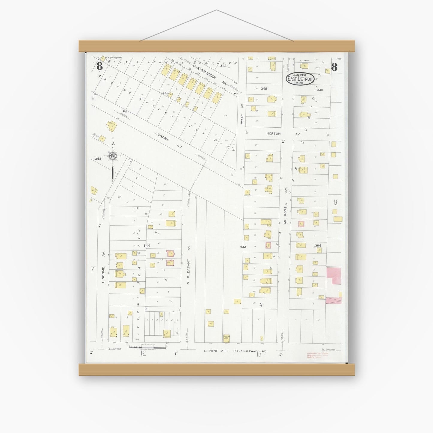 Old map wall art mockup — magnetic wood frame on white wall — Sanborn Fire Insurance Map from East Detroit, Macomb County, Michigan (1931), Sheet #0008