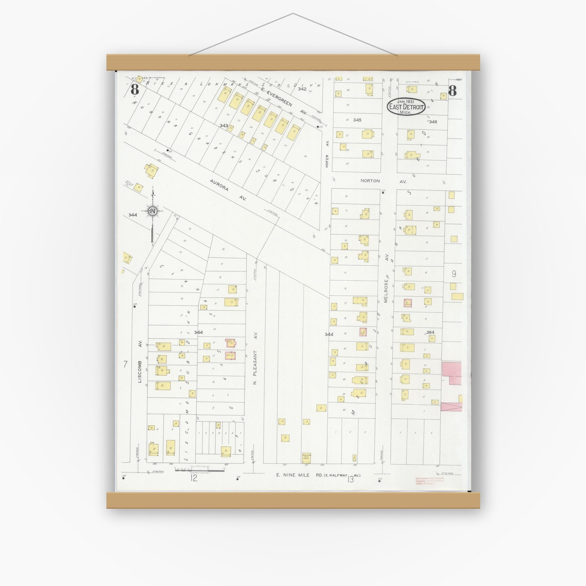 Old map wall art mockup — magnetic wood frame on white wall — Sanborn Fire Insurance Map from East Detroit, Macomb County, Michigan (1931), Sheet #0008