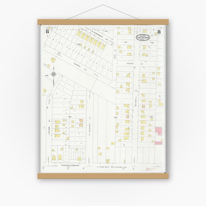 Old map wall art mockup — magnetic wood frame on white wall — Sanborn Fire Insurance Map from East Detroit, Macomb County, Michigan (1931), Sheet #0008