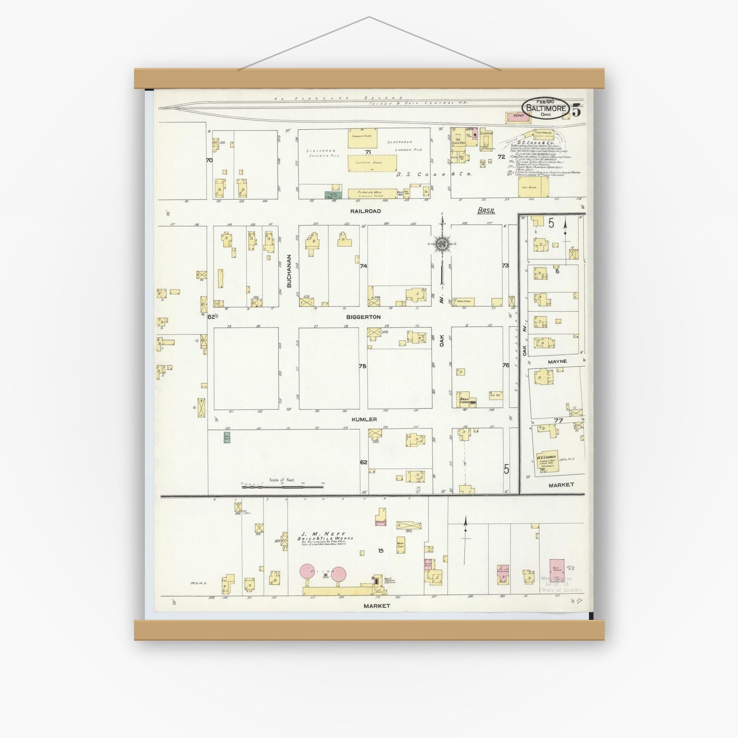 Old map wall art mockup — magnetic wood frame on white wall — Sanborn Fire Insurance Map from Baltimore, Fairfield County, Ohio (1910), Sheet #0005