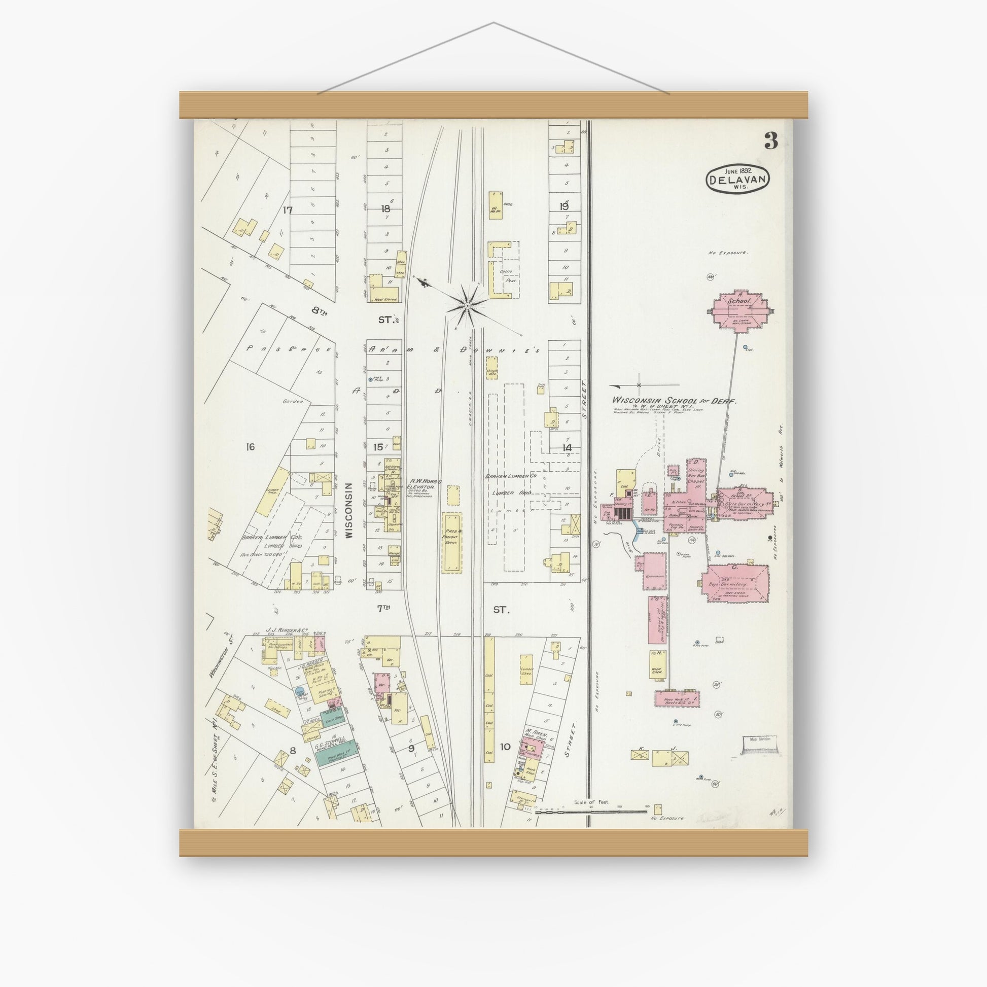 Old map wall art mockup — magnetic wood frame on white wall — Sanborn Fire Insurance Map from Delavan, Walworth County, Wisconsin (1892), Sheet #0003