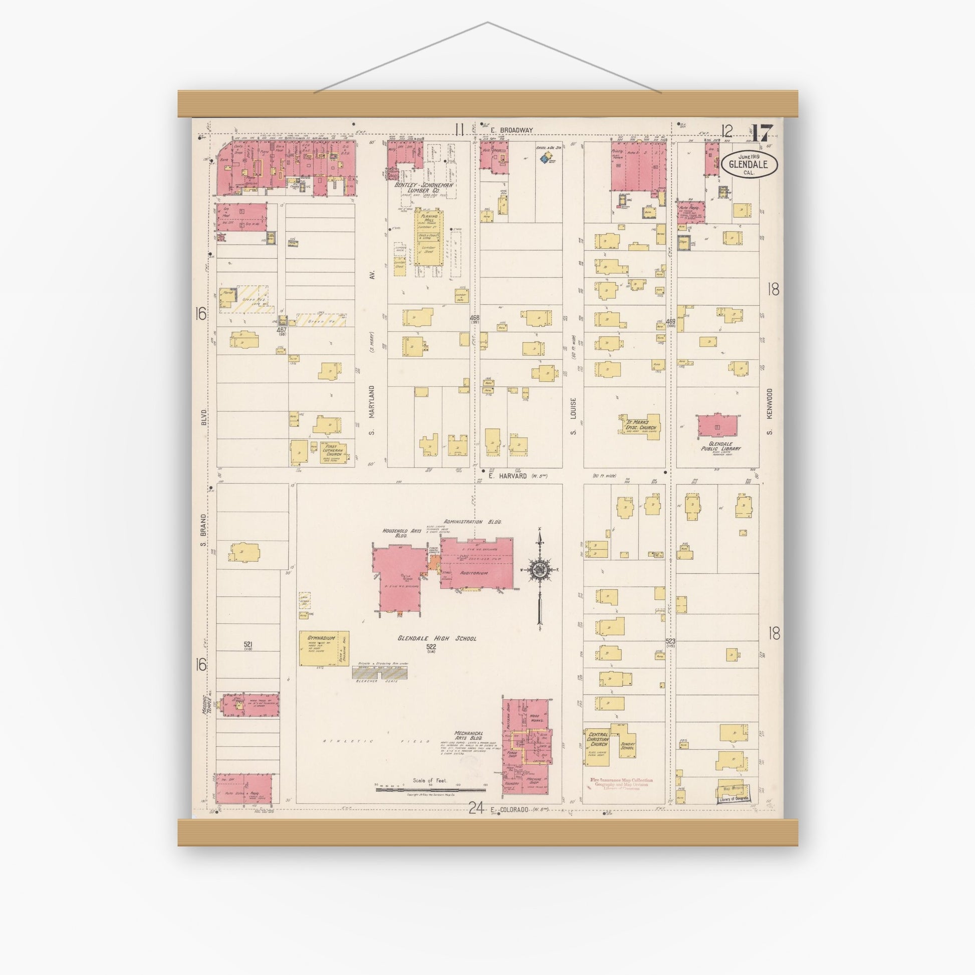 Old map wall art mockup — magnetic wood frame on white wall — Sanborn Fire Insurance Map from Glendale, Los Angeles County, California (1919), Sheet #0017