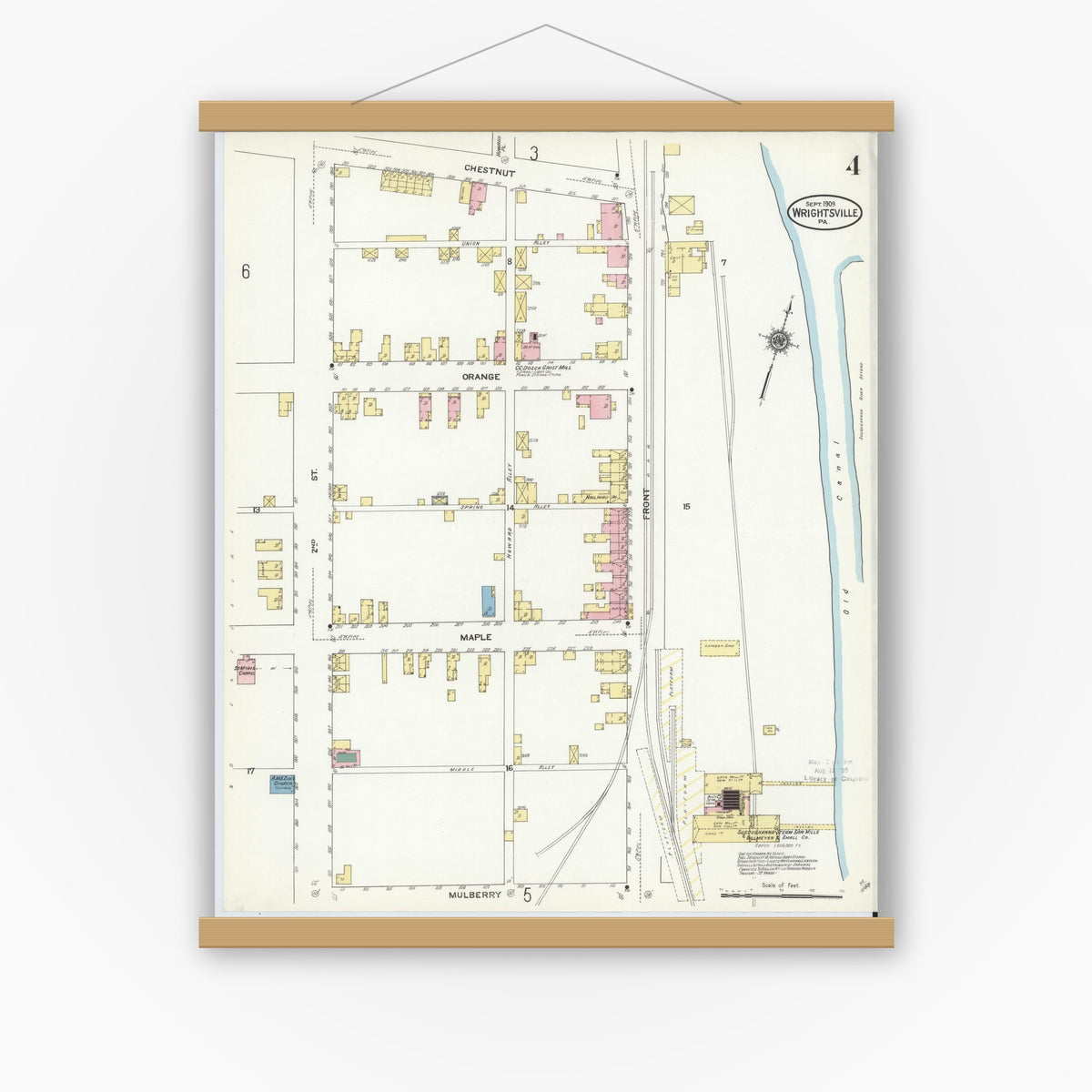 Old map wall art mockup — magnetic wood frame on white wall — Sanborn Fire Insurance Map from Wrightsville, York County, Pennsylvania (1909), Sheet #0004
