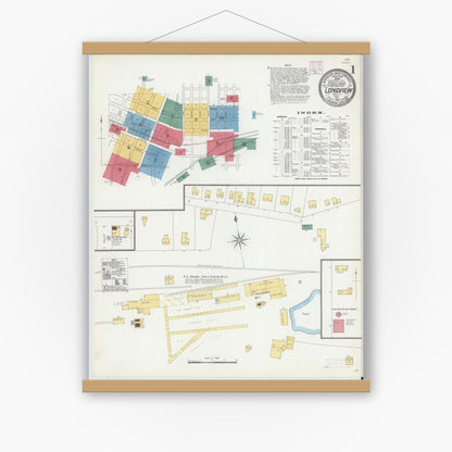 Old map wall art mockup — magnetic wood frame on white wall — Sanborn Fire Insurance Map from Longview, Gregg County, Texas (1906), Sheet #0001