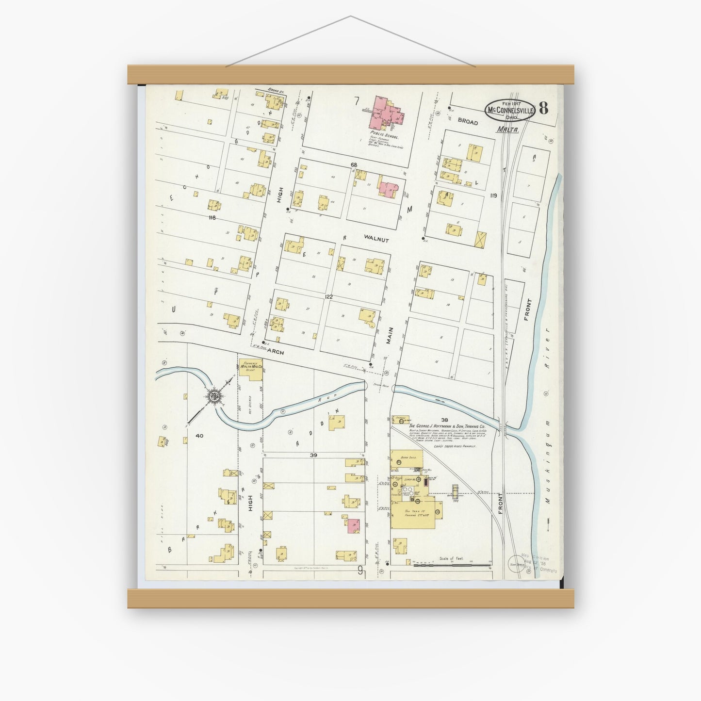 Old map wall art mockup — magnetic wood frame on white wall — Sanborn Fire Insurance Map from McConnelsville, Morgan County, Ohio (1917), Sheet #0008