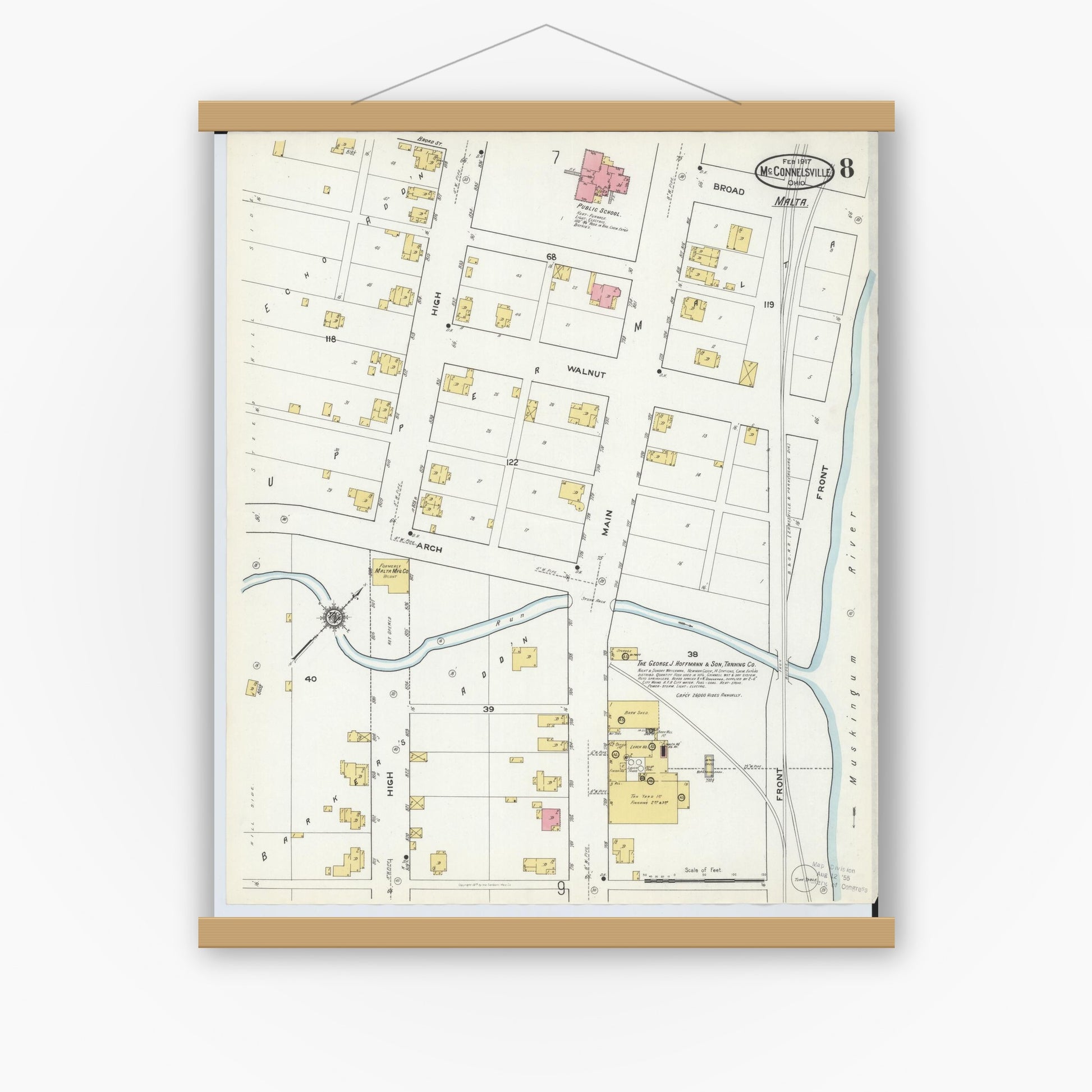 Old map wall art mockup — magnetic wood frame on white wall — Sanborn Fire Insurance Map from McConnelsville, Morgan County, Ohio (1917), Sheet #0008