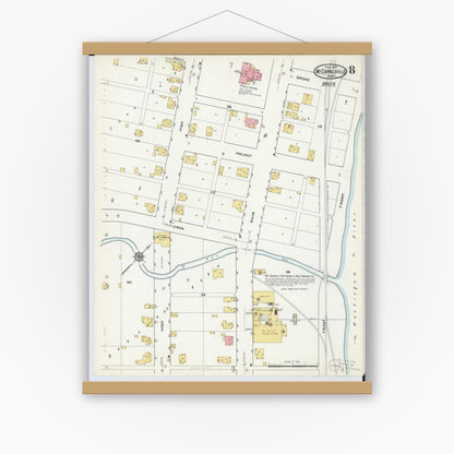 Old map wall art mockup — magnetic wood frame on white wall — Sanborn Fire Insurance Map from McConnelsville, Morgan County, Ohio (1917), Sheet #0008