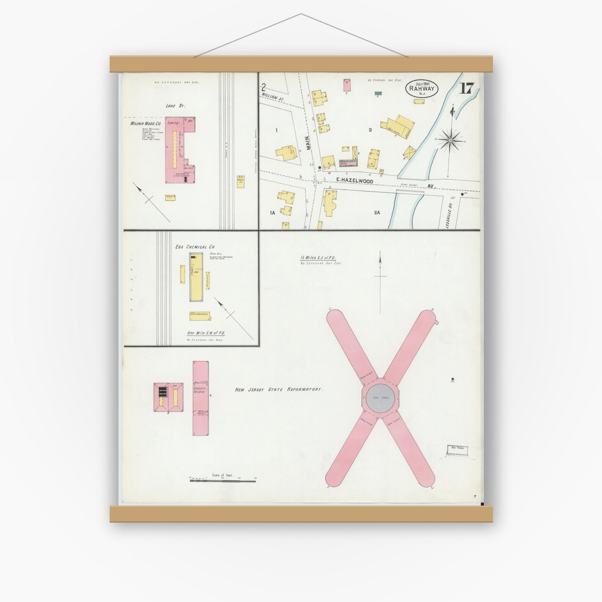 Old map wall art mockup — magnetic wood frame on white wall — Sanborn Fire Insurance Map from Rahway, Union County, New Jersey (1901), Sheet #0017