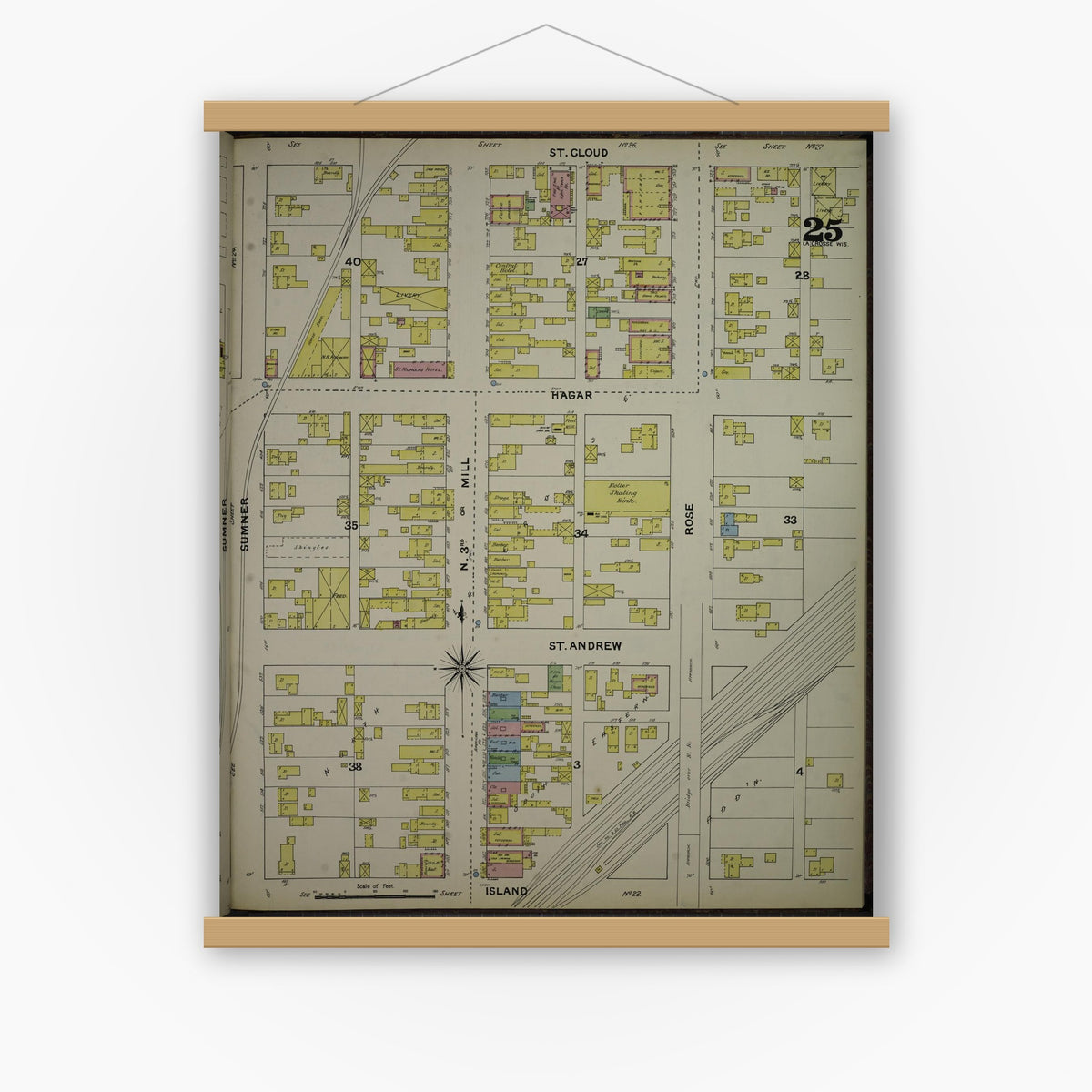 Old map wall art mockup — magnetic wood frame on white wall — Sanborn Fire Insurance Map from La Crosse, La Crosse County, Wisconsin (1891), Sheet #0025