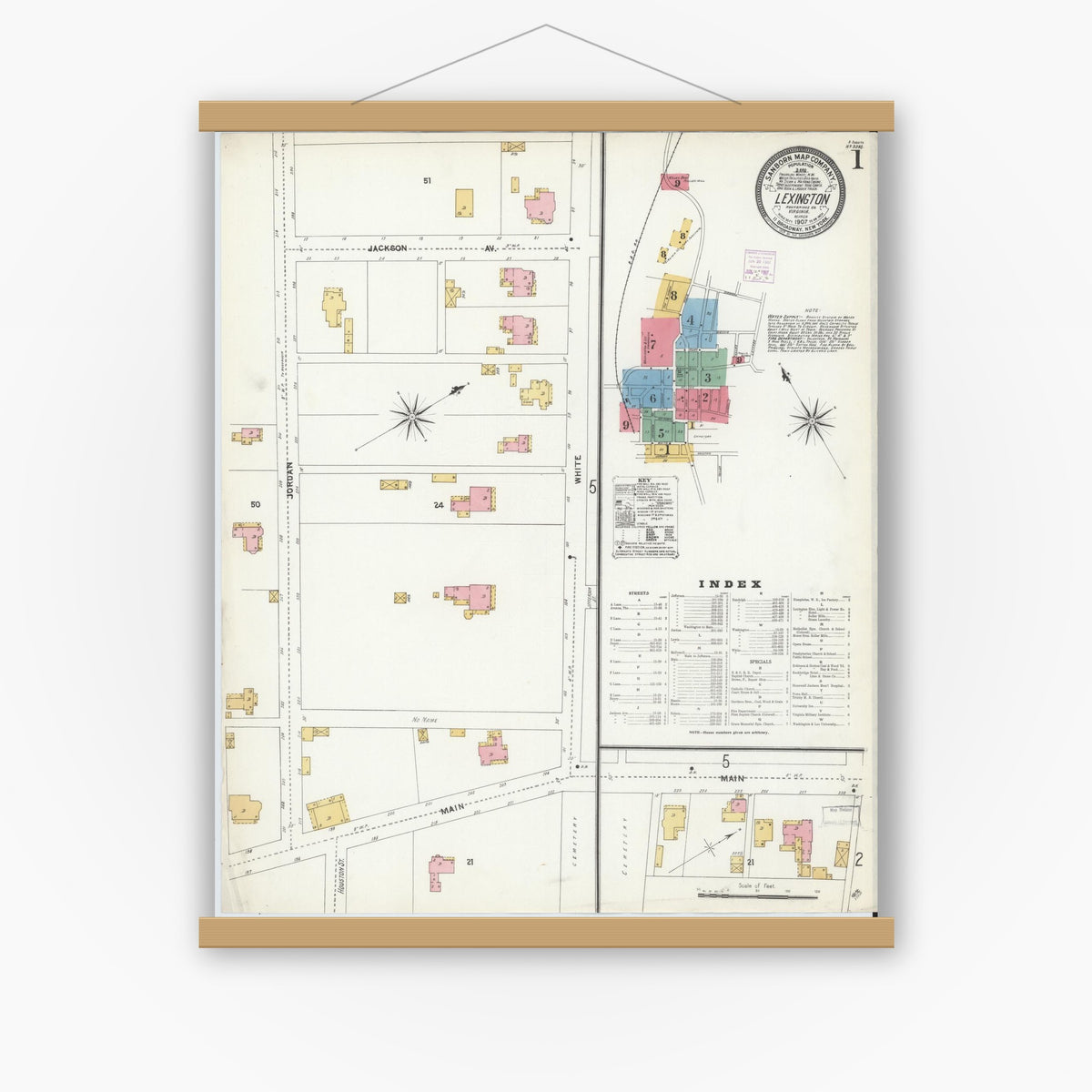 Old map wall art mockup — magnetic wood frame on white wall — Sanborn Fire Insurance Map from Lexington, Independent Cities, Virginia (1907), Sheet #0001