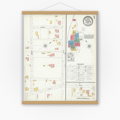 Old map wall art mockup — magnetic wood frame on white wall — Sanborn Fire Insurance Map from Lexington, Independent Cities, Virginia (1907), Sheet #0001