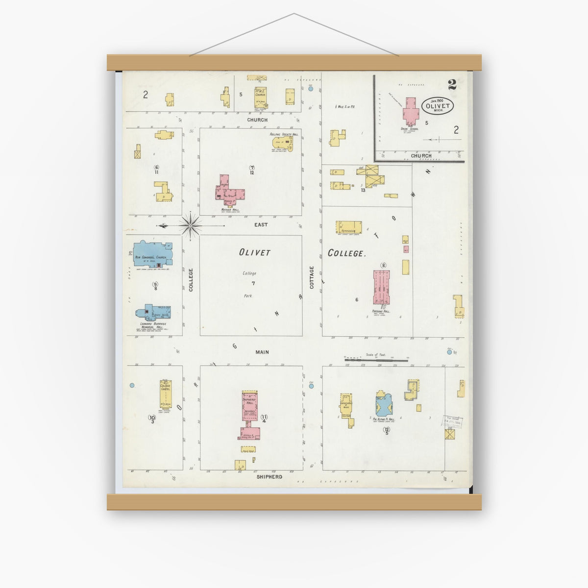 Old map wall art mockup — magnetic wood frame on white wall — Sanborn Fire Insurance Map from Olivet, Eaton County, Michigan (1900), Sheet #0002