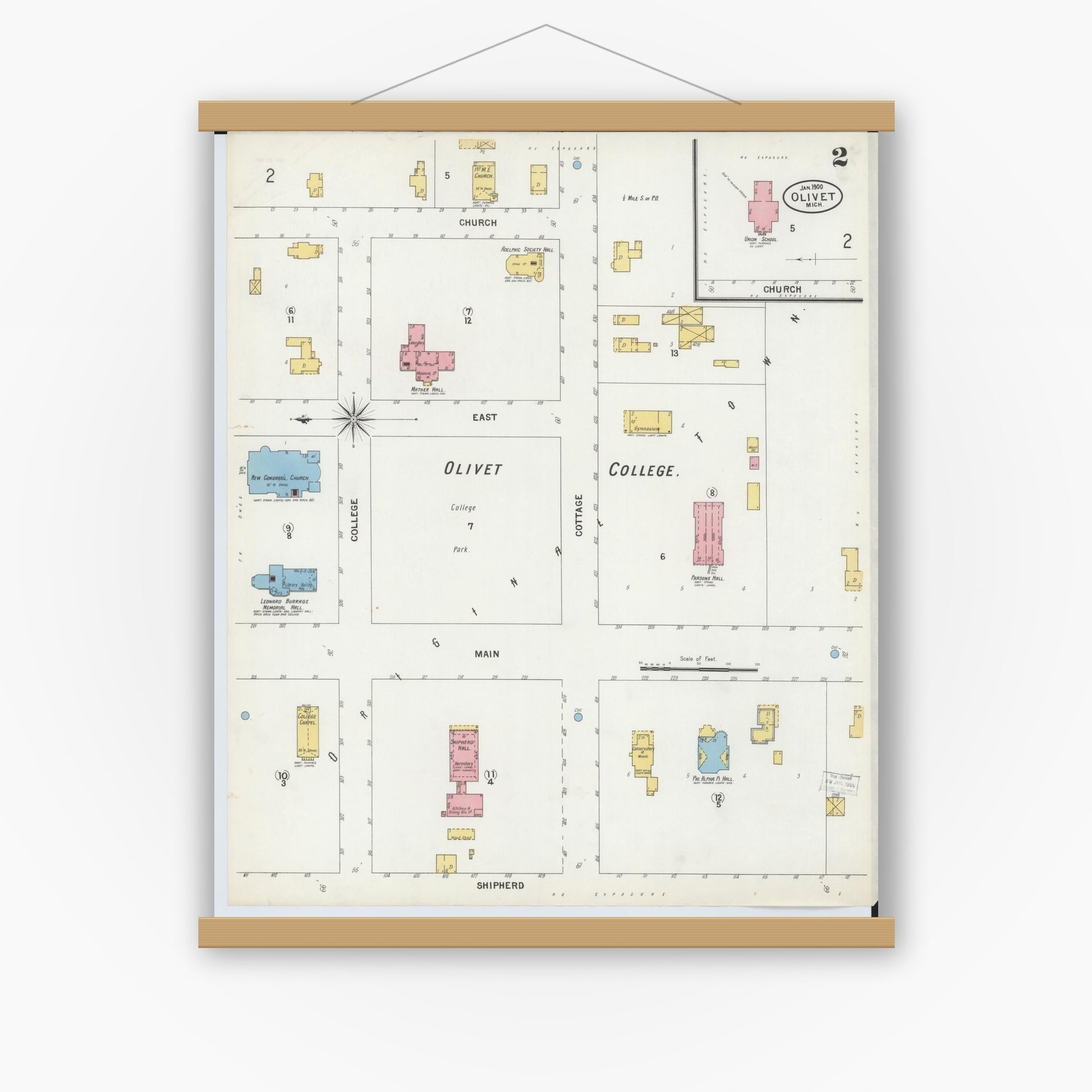 Old map wall art mockup — magnetic wood frame on white wall — Sanborn Fire Insurance Map from Olivet, Eaton County, Michigan (1900), Sheet #0002