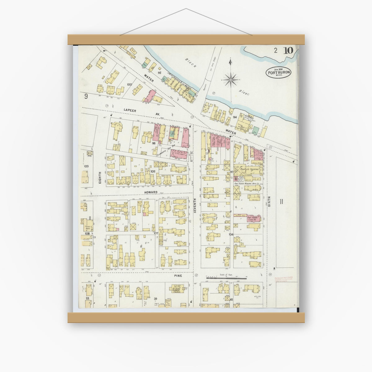 Old map wall art mockup — magnetic wood frame on white wall — Sanborn Fire Insurance Map from Port Huron, Saint Clair County, Michigan (1898), Sheet #0010