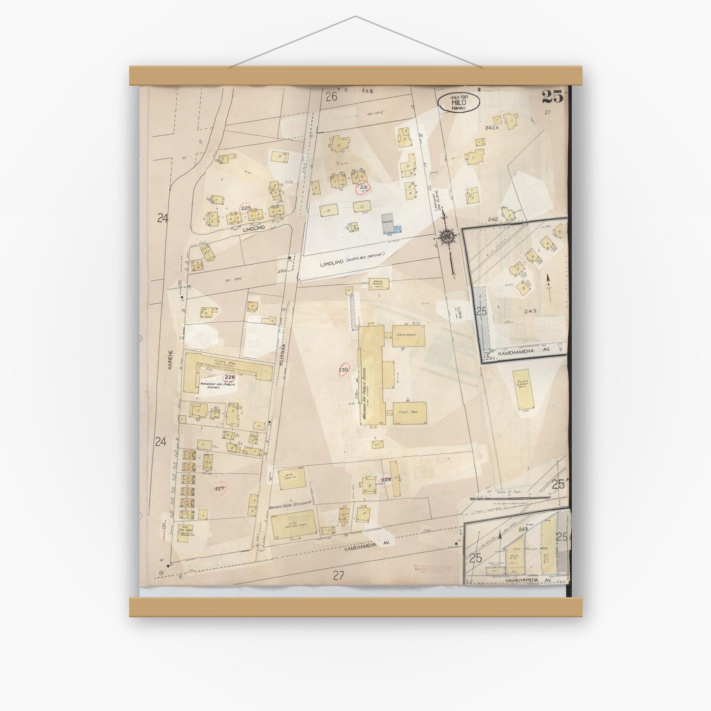 Old map wall art mockup — magnetic wood frame on white wall — Sanborn Fire Insurance Map from Hilo, Hawaii County, Hawaii (1957), Sheet #0025