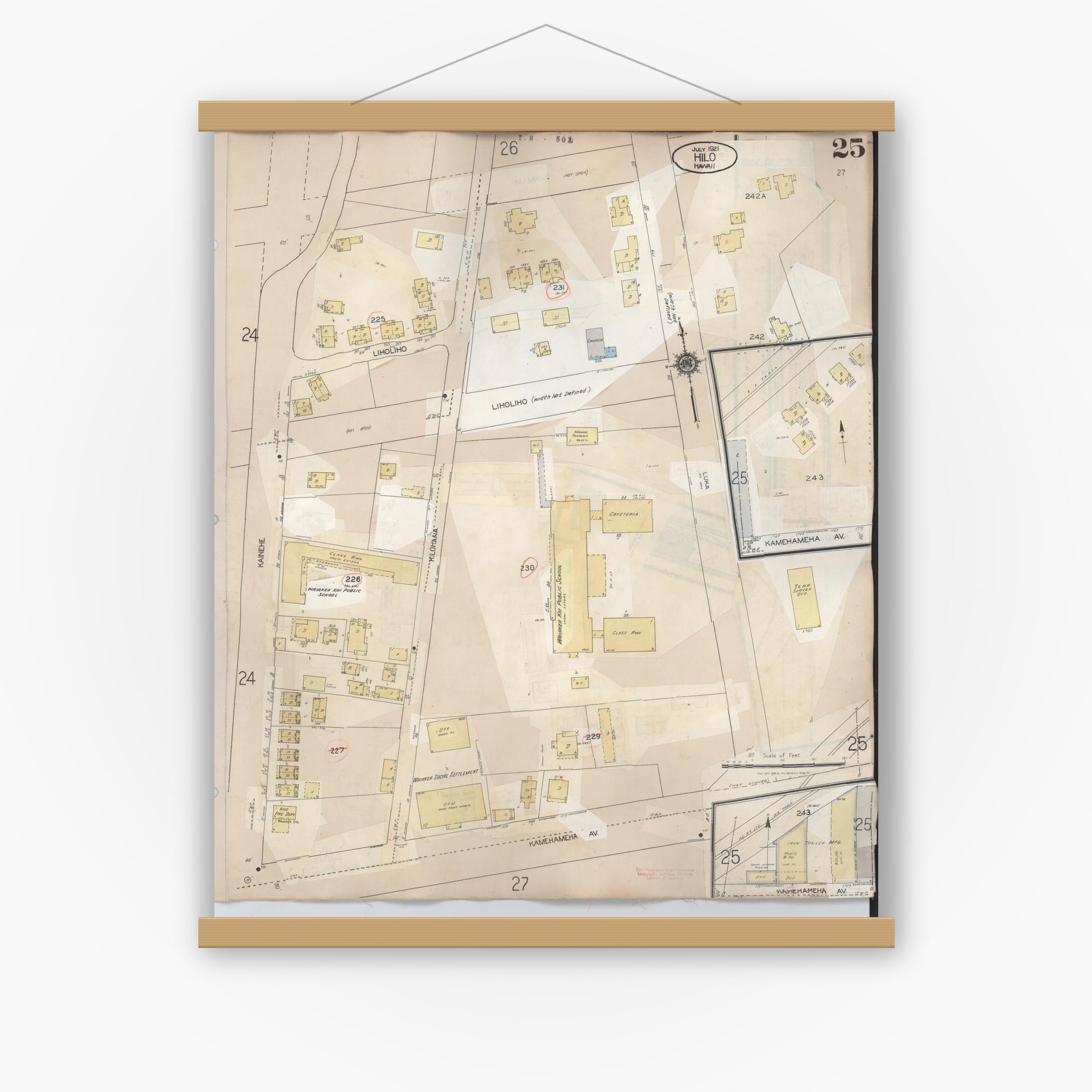 Old map wall art mockup — magnetic wood frame on white wall — Sanborn Fire Insurance Map from Hilo, Hawaii County, Hawaii (1957), Sheet #0025