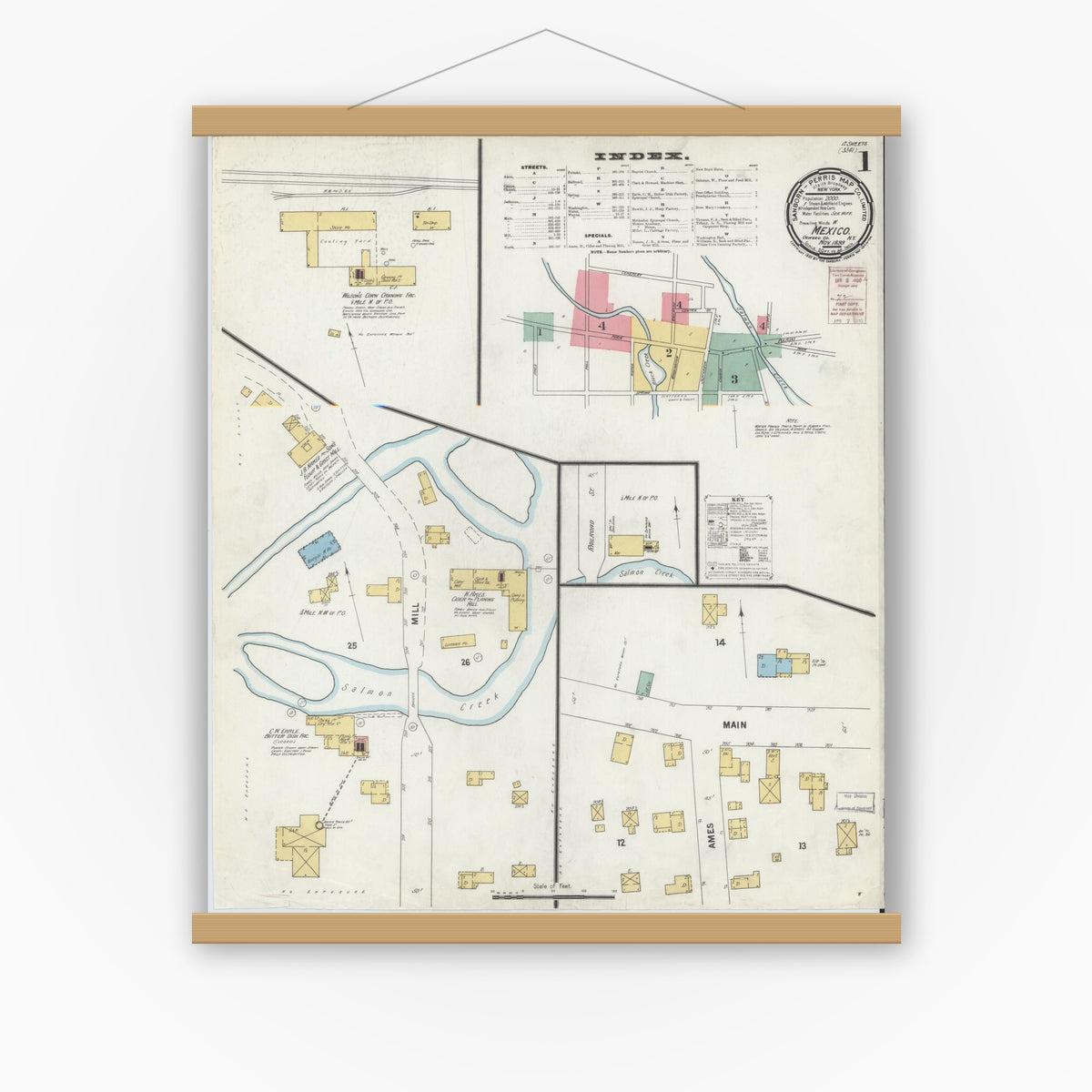 Old map wall art mockup — magnetic wood frame on white wall — Sanborn Fire Insurance Map from Mexico, Oswego County, New York (1899) - Complete Map Set