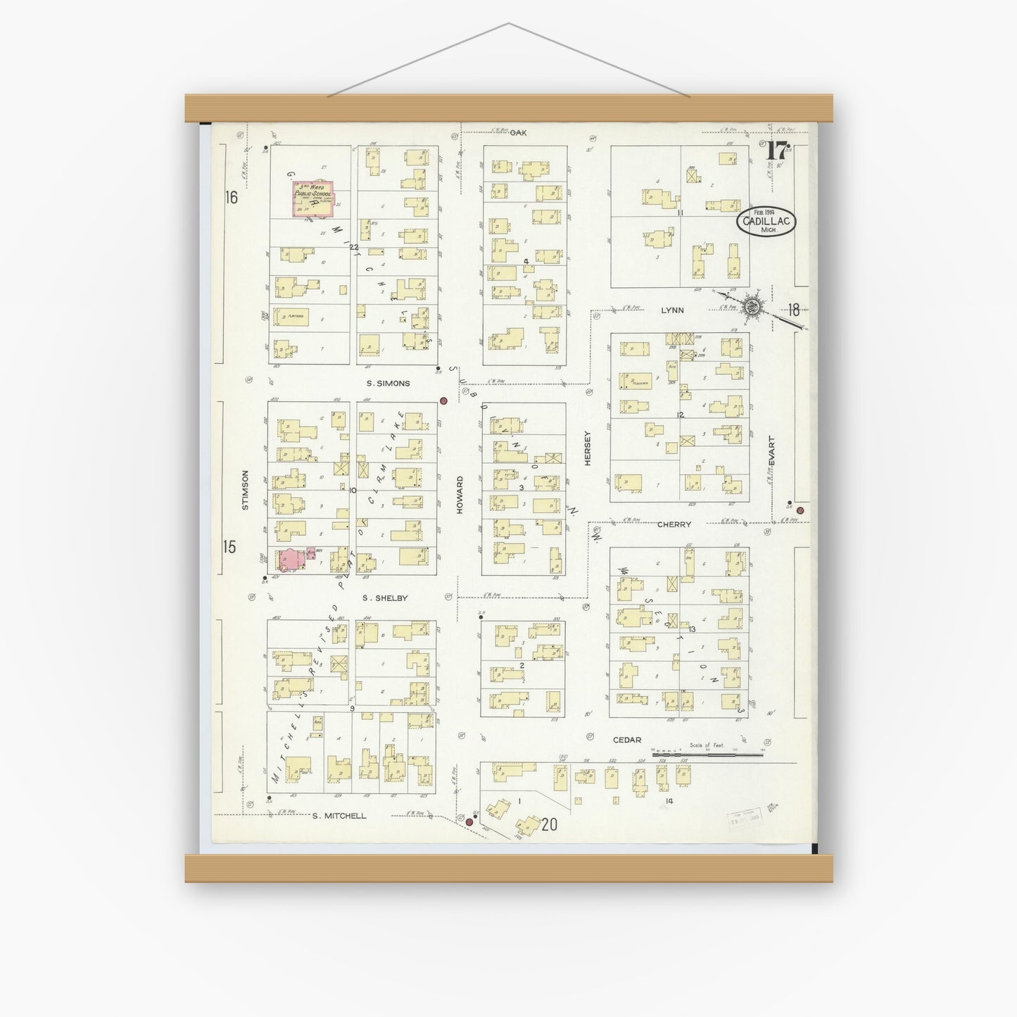 Old map wall art mockup — magnetic wood frame on white wall — Sanborn Fire Insurance Map from Cadillac, Wexford County, Michigan (1914), Sheet #0017