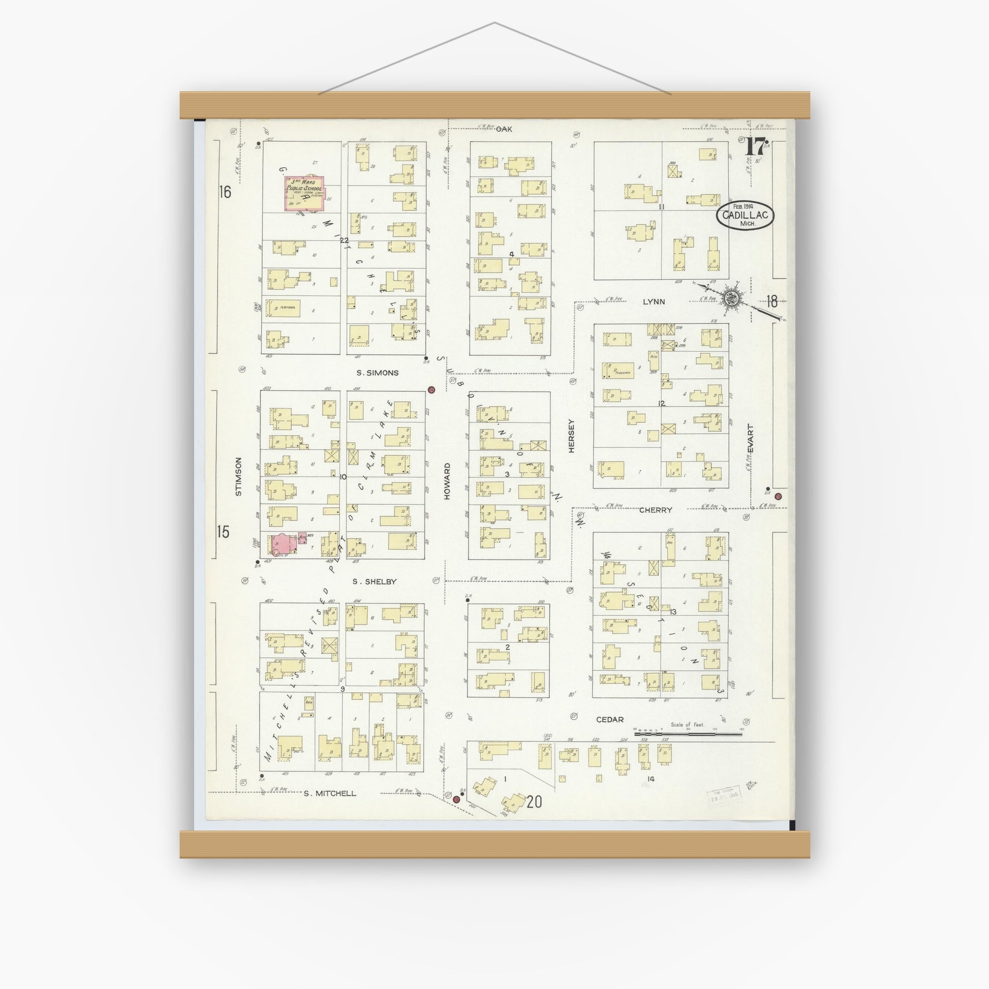 Old map wall art mockup — magnetic wood frame on white wall — Sanborn Fire Insurance Map from Cadillac, Wexford County, Michigan (1914), Sheet #0017