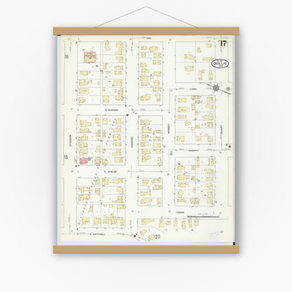 Old map wall art mockup — magnetic wood frame on white wall — Sanborn Fire Insurance Map from Cadillac, Wexford County, Michigan (1914), Sheet #0017