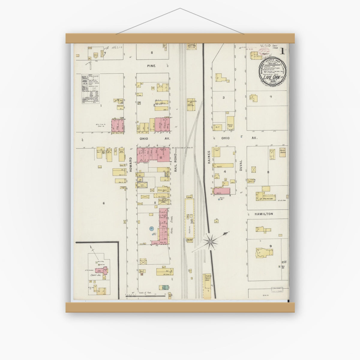 Old map wall art mockup — magnetic wood frame on white wall — Sanborn Fire Insurance Map from Live Oak, Suwanee County, Florida (1895) - Complete Map Set