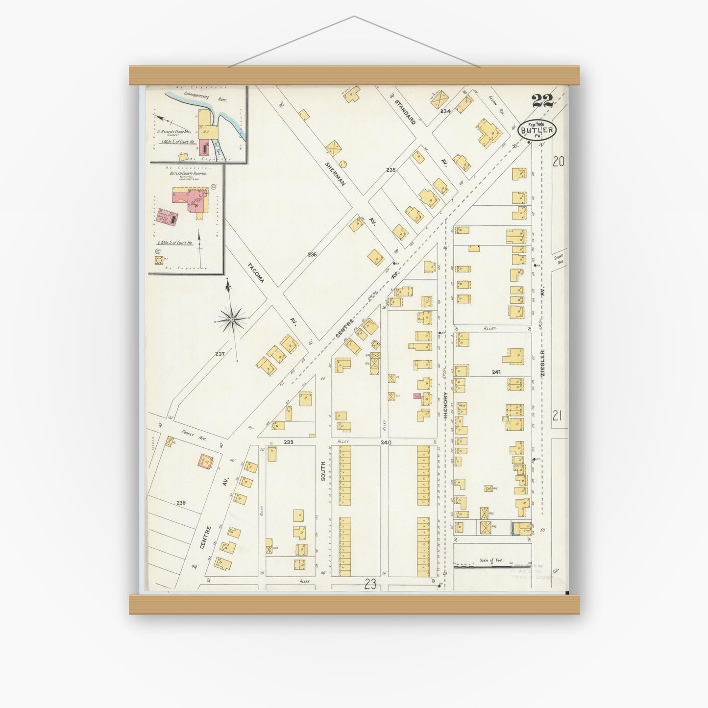 Old map wall art mockup — magnetic wood frame on white wall — Sanborn Fire Insurance Map from Butler, Butler County, Pennsylvania (1906), Sheet #0022