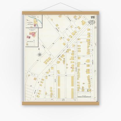 Old map wall art mockup — magnetic wood frame on white wall — Sanborn Fire Insurance Map from Butler, Butler County, Pennsylvania (1906), Sheet #0022