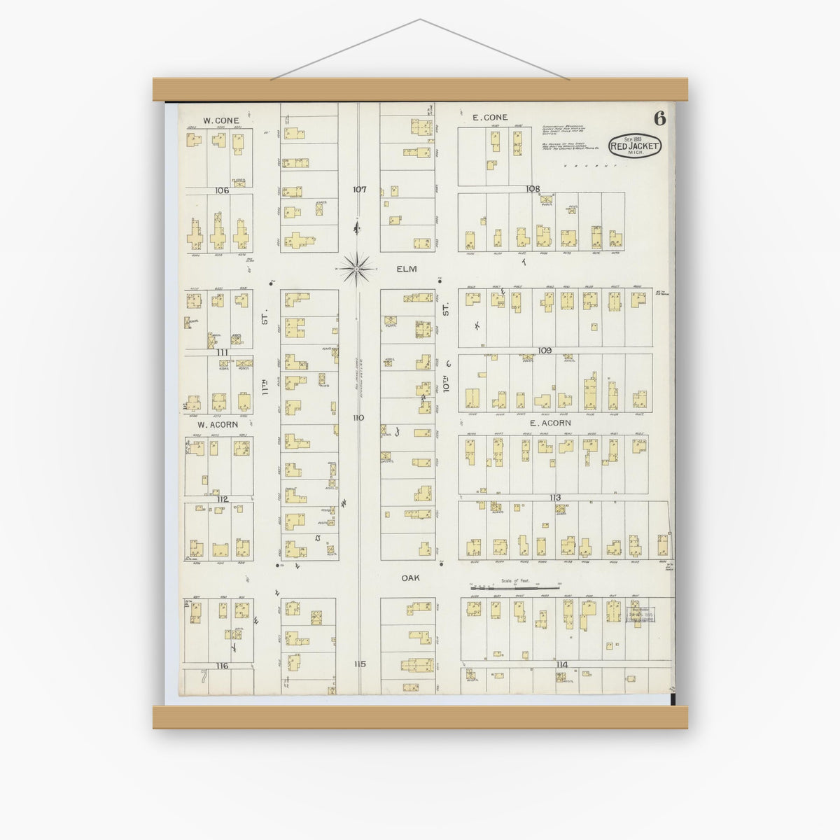 Old map wall art mockup — magnetic wood frame on white wall — Sanborn Fire Insurance Map from Red Jacket, Houghton County, Michigan (1893), Sheet #0006
