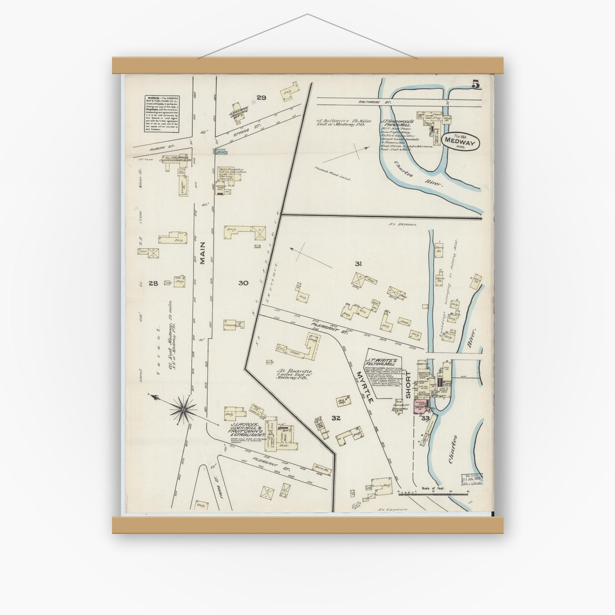 Old map wall art mockup — magnetic wood frame on white wall — Sanborn Fire Insurance Map from Medway, Norfolk County, Massachusetts (1884), Sheet #0005