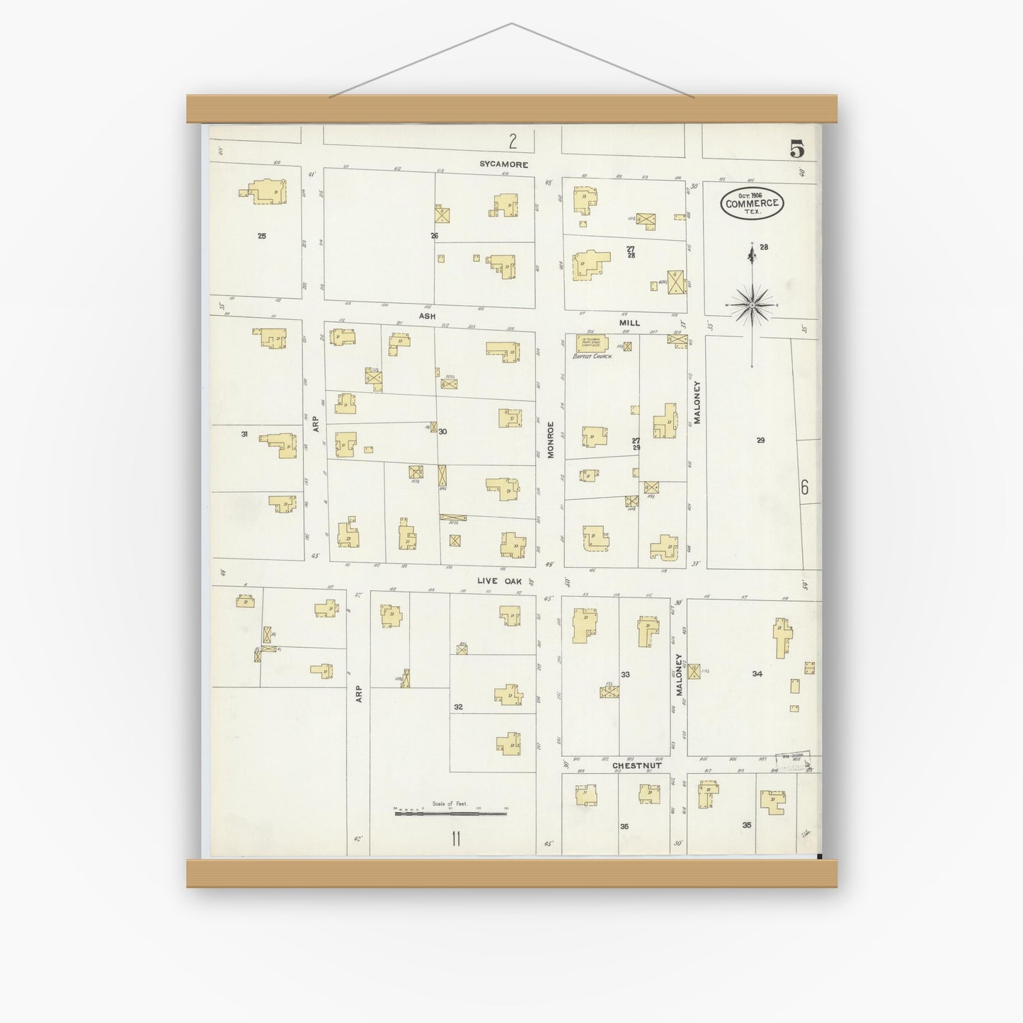 Old map wall art mockup — magnetic wood frame on white wall — Sanborn Fire Insurance Map from Commerce, Hunt County, Texas (1906), Sheet #0005