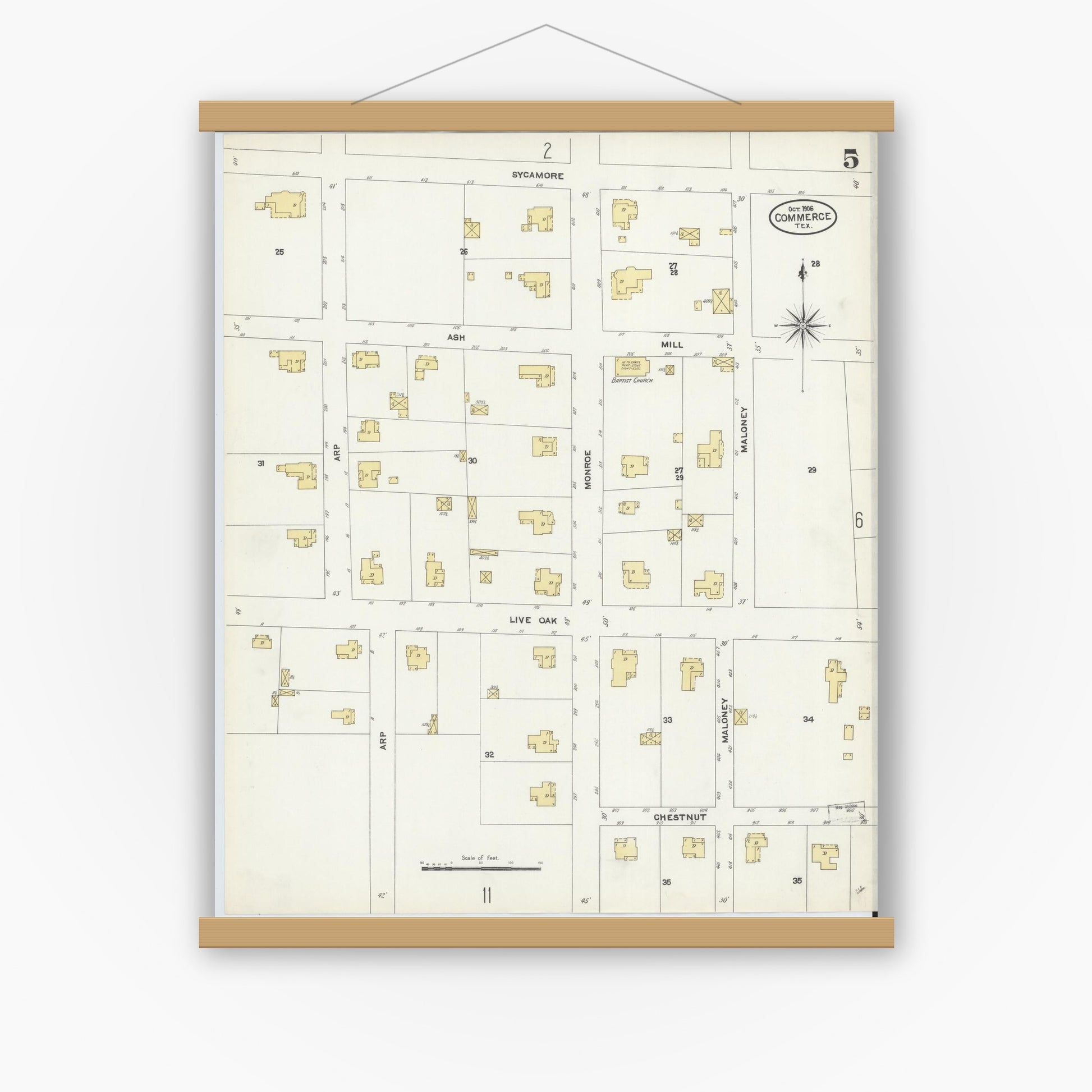 Old map wall art mockup — magnetic wood frame on white wall — Sanborn Fire Insurance Map from Commerce, Hunt County, Texas (1906), Sheet #0005