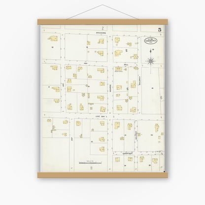 Old map wall art mockup — magnetic wood frame on white wall — Sanborn Fire Insurance Map from Commerce, Hunt County, Texas (1906), Sheet #0005