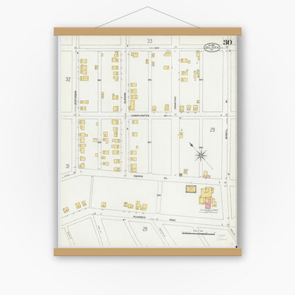 Old map wall art mockup — magnetic wood frame on white wall — Sanborn Fire Insurance Map from Oil City, Venango County, Pennsylvania (1906), Sheet #0030