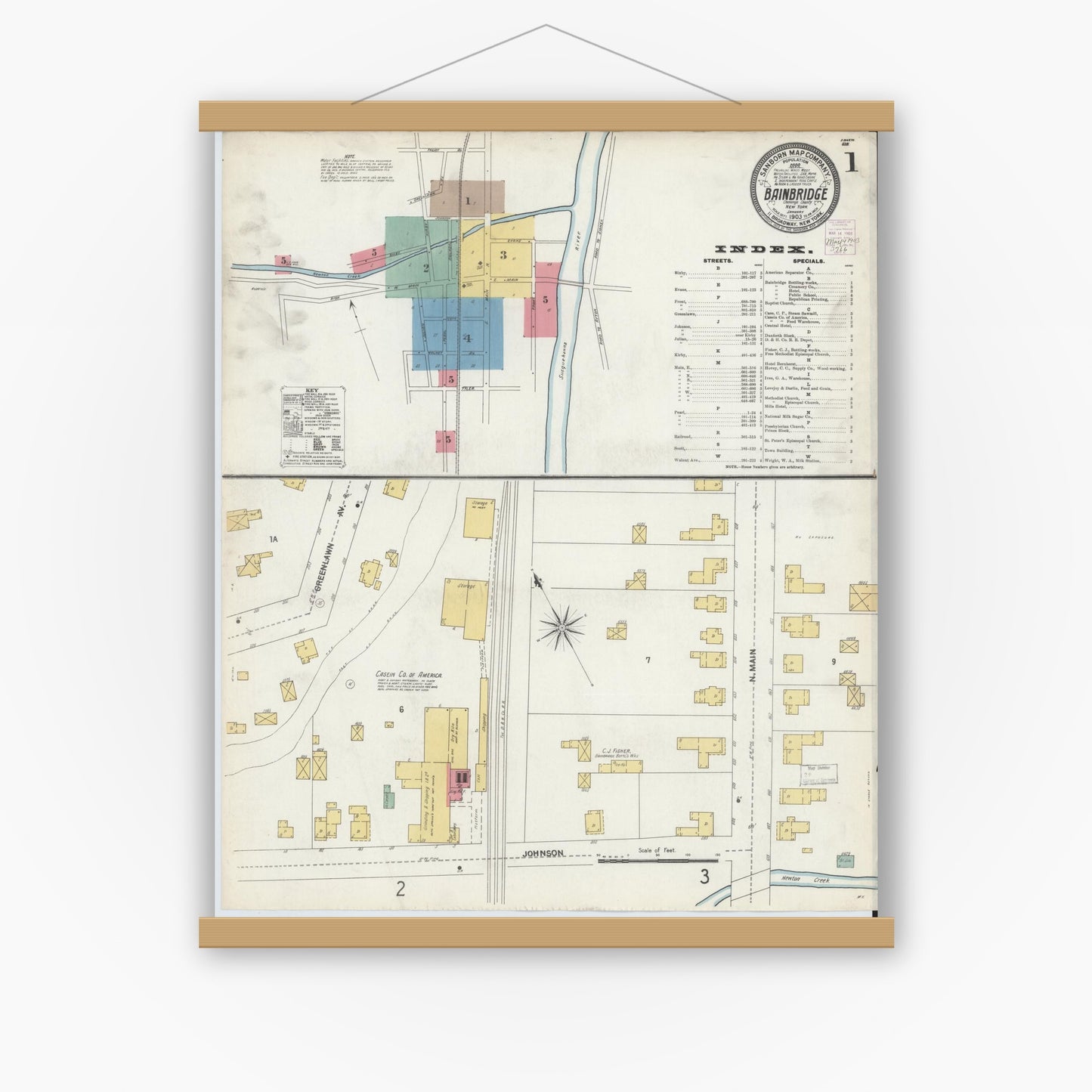Old map wall art mockup — magnetic wood frame on white wall — Sanborn Fire Insurance Map from Bainbridge, Chenango County, New York (1903) - Complete Map Set
