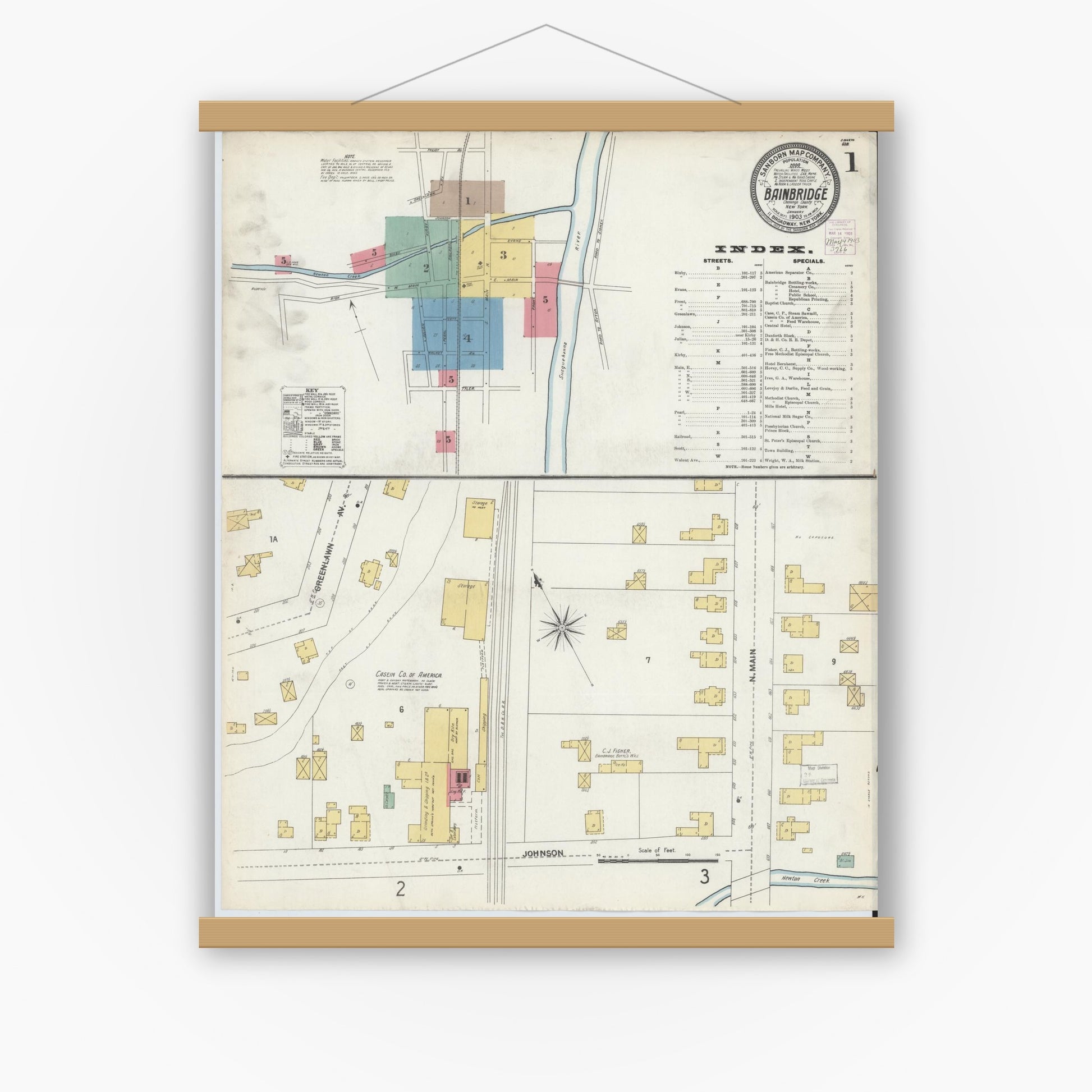 Old map wall art mockup — magnetic wood frame on white wall — Sanborn Fire Insurance Map from Bainbridge, Chenango County, New York (1903) - Complete Map Set