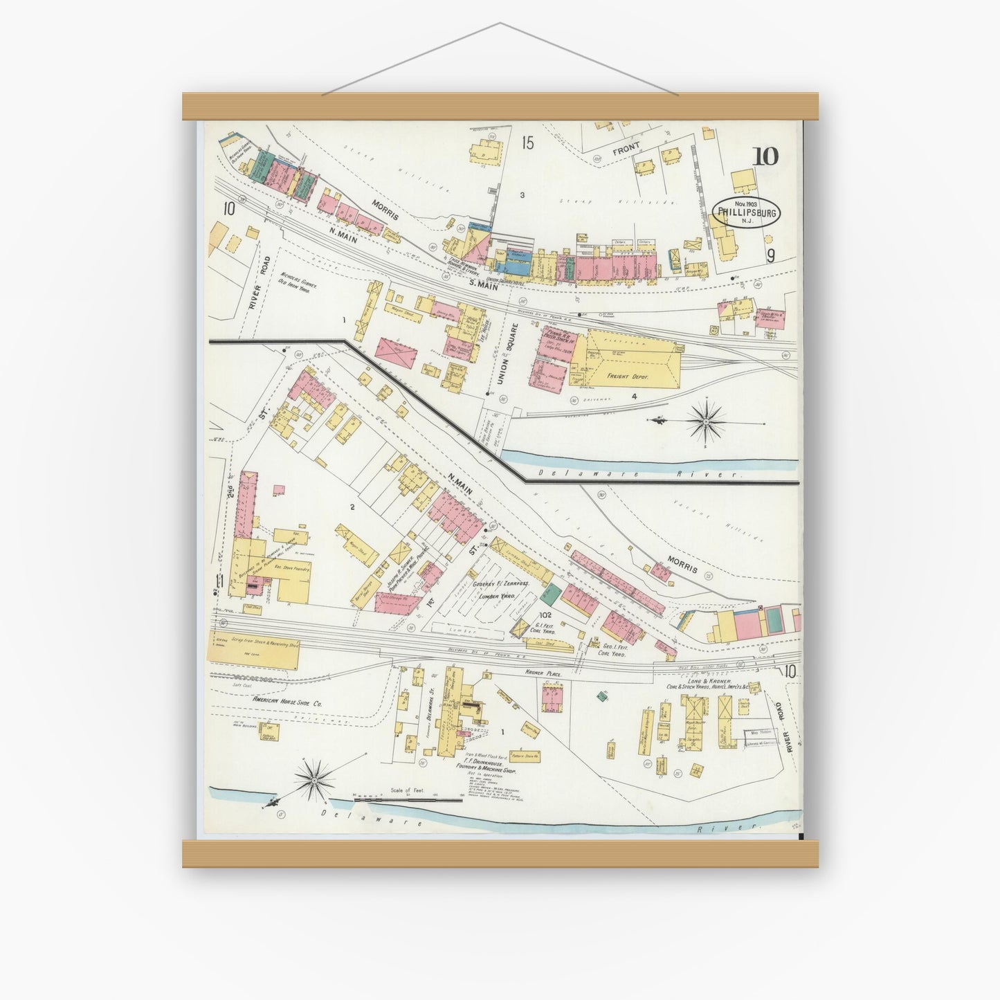 Old map wall art mockup — magnetic wood frame on white wall — Sanborn Fire Insurance Map from Phillipsburg, Warren County, New Jersey (1903), Sheet #0010