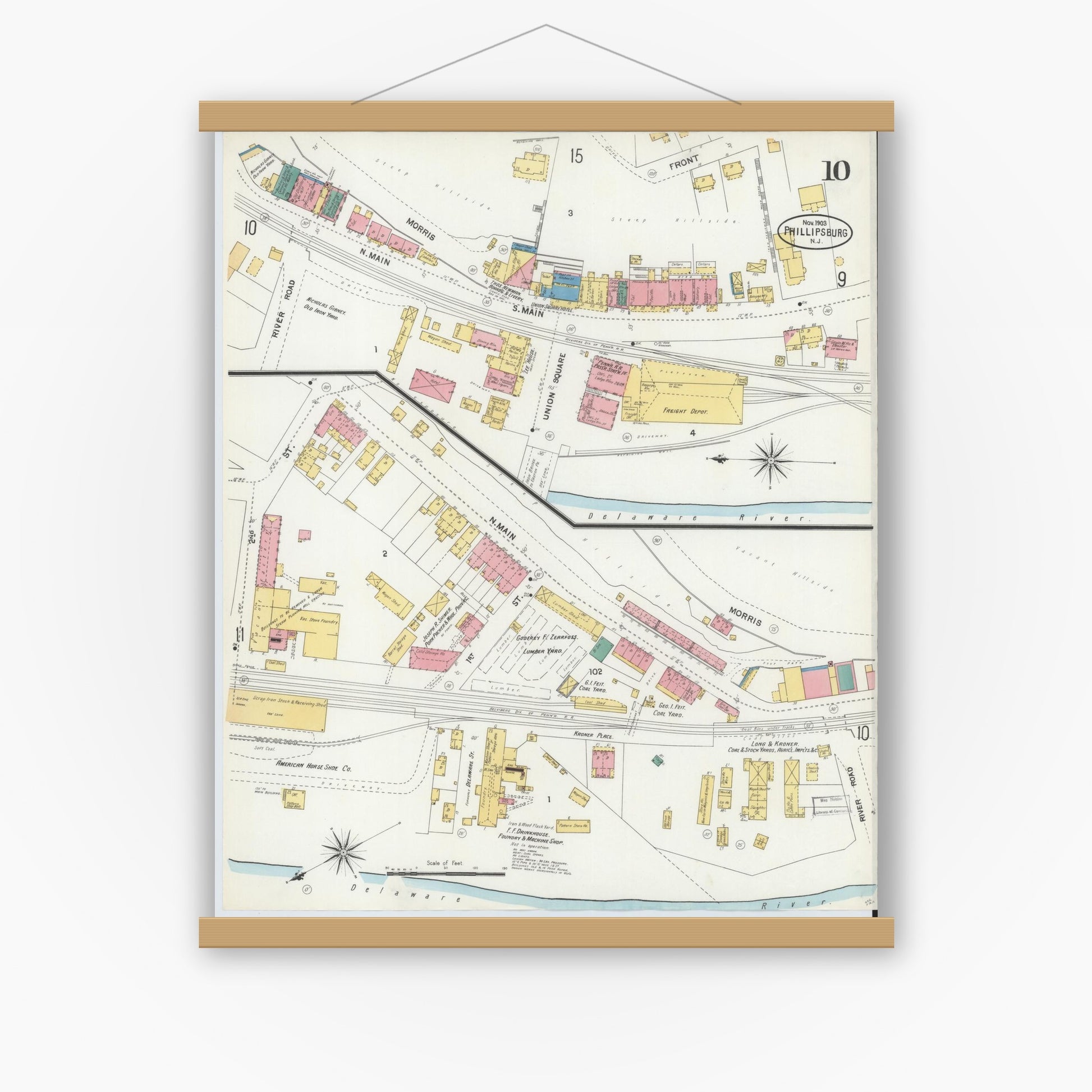 Old map wall art mockup — magnetic wood frame on white wall — Sanborn Fire Insurance Map from Phillipsburg, Warren County, New Jersey (1903), Sheet #0010